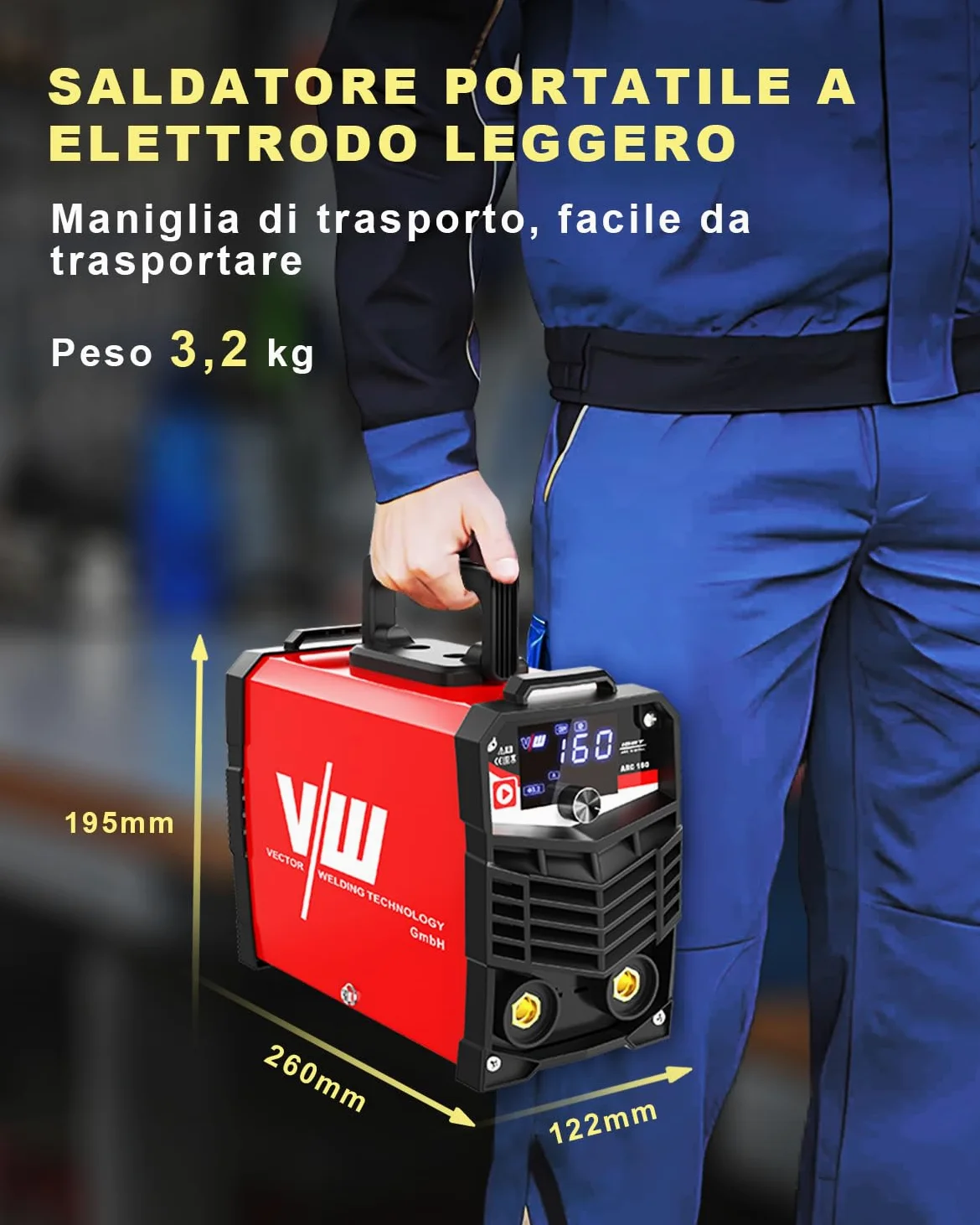 VECTOR WELDING 160A Saldatrice a Elettrodi, MMA/ARC/STICK Inverter Saldatrice, Saldatrice Portatile con IGBT e MCU per Principianti e Professionisti, ARC 160 con Hot Start, Arc Force
