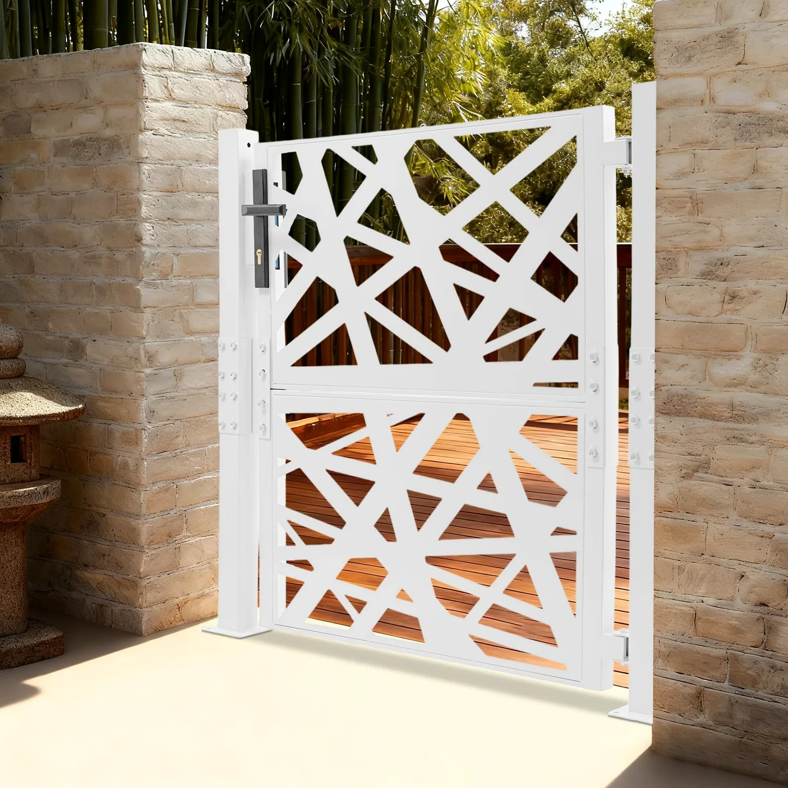 Cancello da giardino in metallo, porta da giardino in acciaio, chiudibile a chiave, cancello del cortile e cancello d'ingresso per giardino, terrazza e vialetto con design a motivo geometrico forato