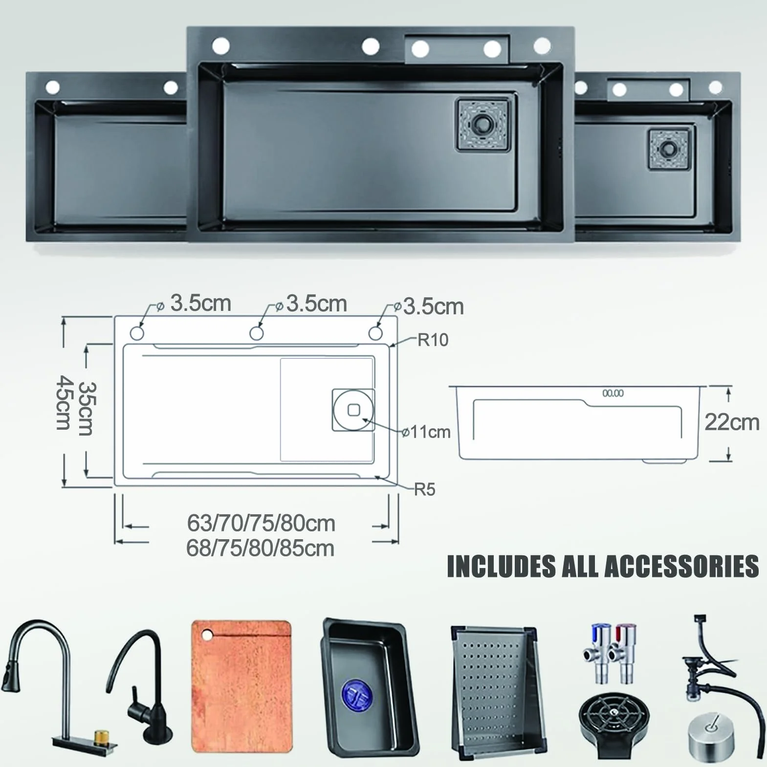 Lavello Cucina 1 Vasca Grande 68x45cm, Moderno Lavello Cucina in Acciaio Inox, Cascata a Lavello Multifunzione, Con Rubinetto, Sifone e Set di Drenaggio (Kitchen Sink)