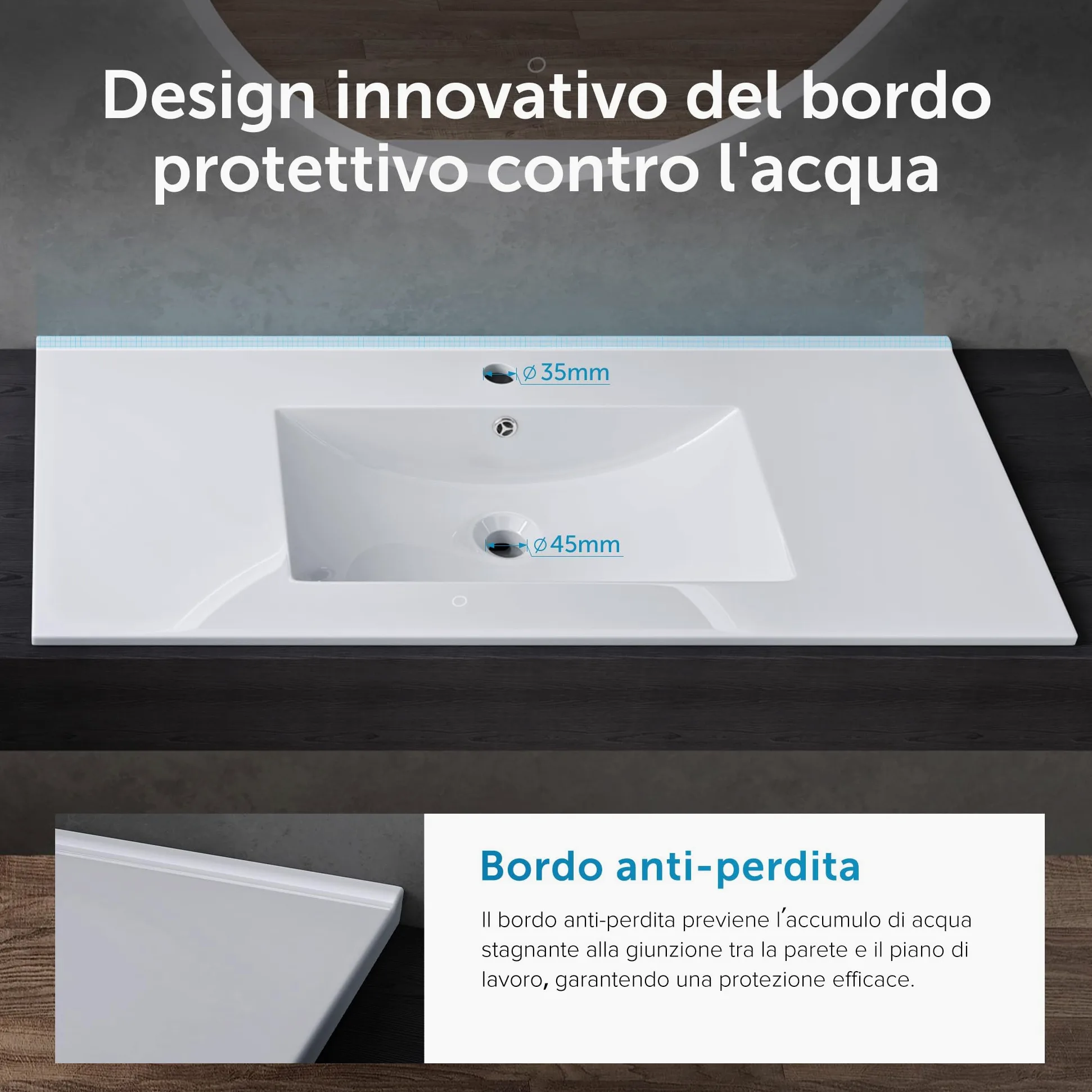 doporro Lavabo da Incasso Rettangolare 80 cm in Ceramica Bianco Lucido, Lavandino Integrato con Foro Rubinetto, Installazione su Mensola o Mobile Bagno Brüssel912