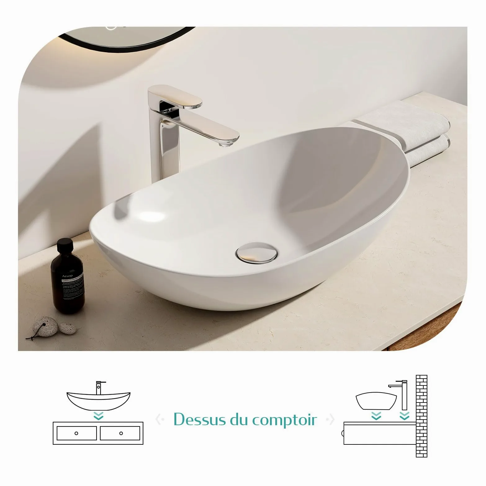EMKE Lavabo da Appoggio Ovale 35×27×11cm, Vasca in Ceramica per Bagno e WC Ospiti, Mini Lavabo Piccola, Bianco