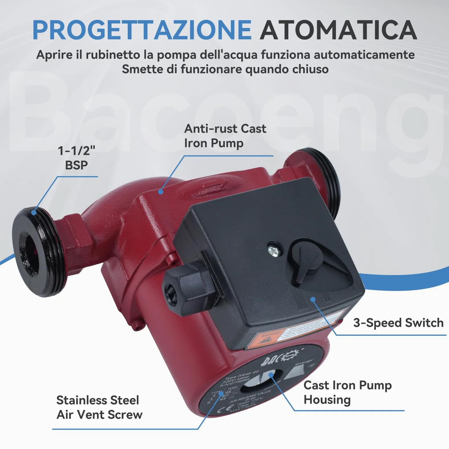 BACOENG Pompa di Circolatore Riscaldamento RS 25/6-180 Pompa di Ricircolo Acqua Calda Sanitaria 220V/50 Hz
