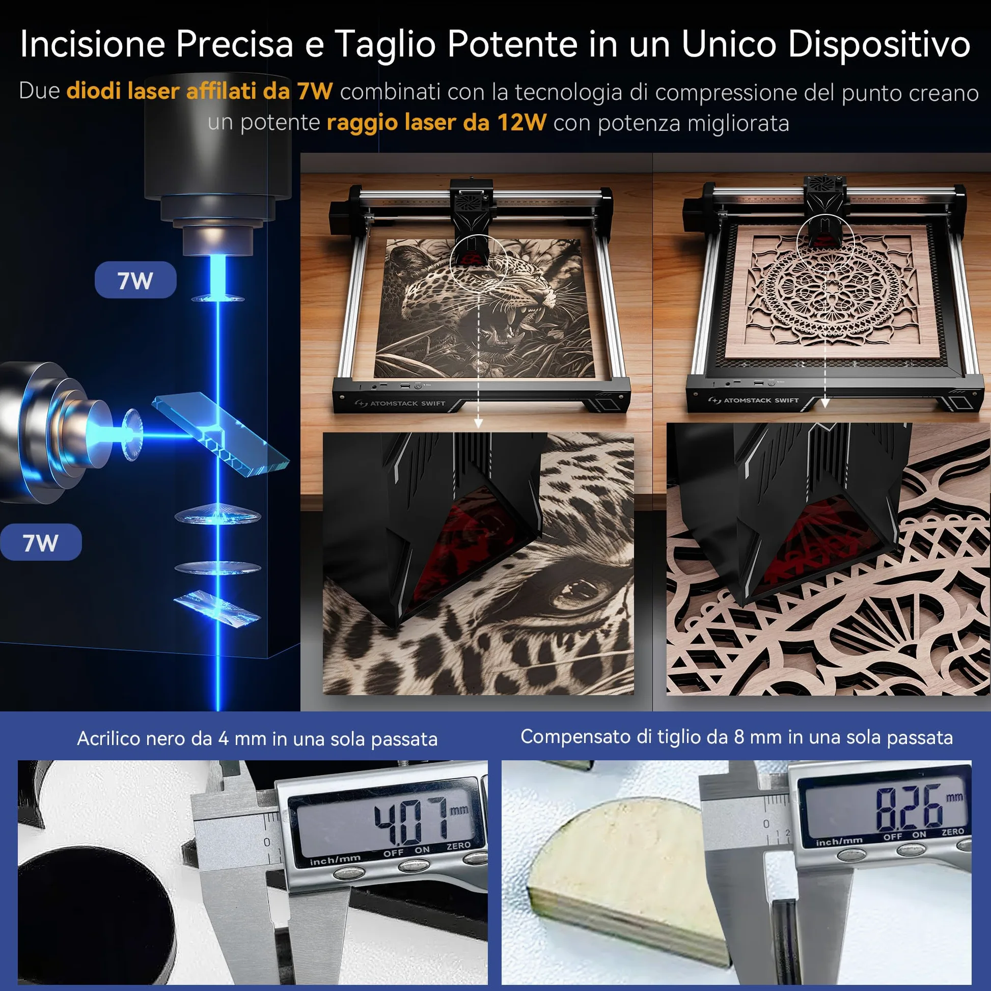 ATOMSTACK Macchina per incisione laser, taglierina laser, taglierina laser ad alta precisione 0,01 mm superficie di incisione 300 × 300 mm (Swift-7W Nero)
