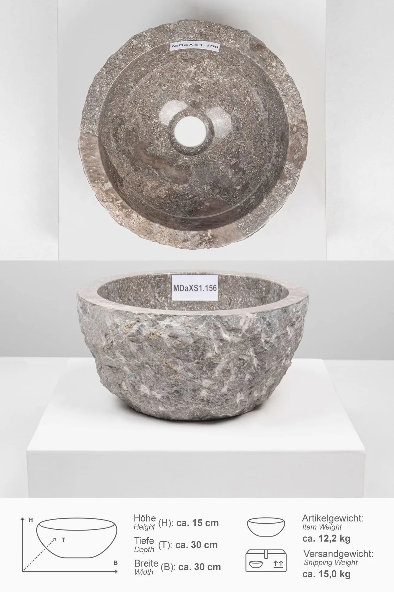 Lavabo in marmo, 30 cm, rotondo, colore grigio, con scelta unica