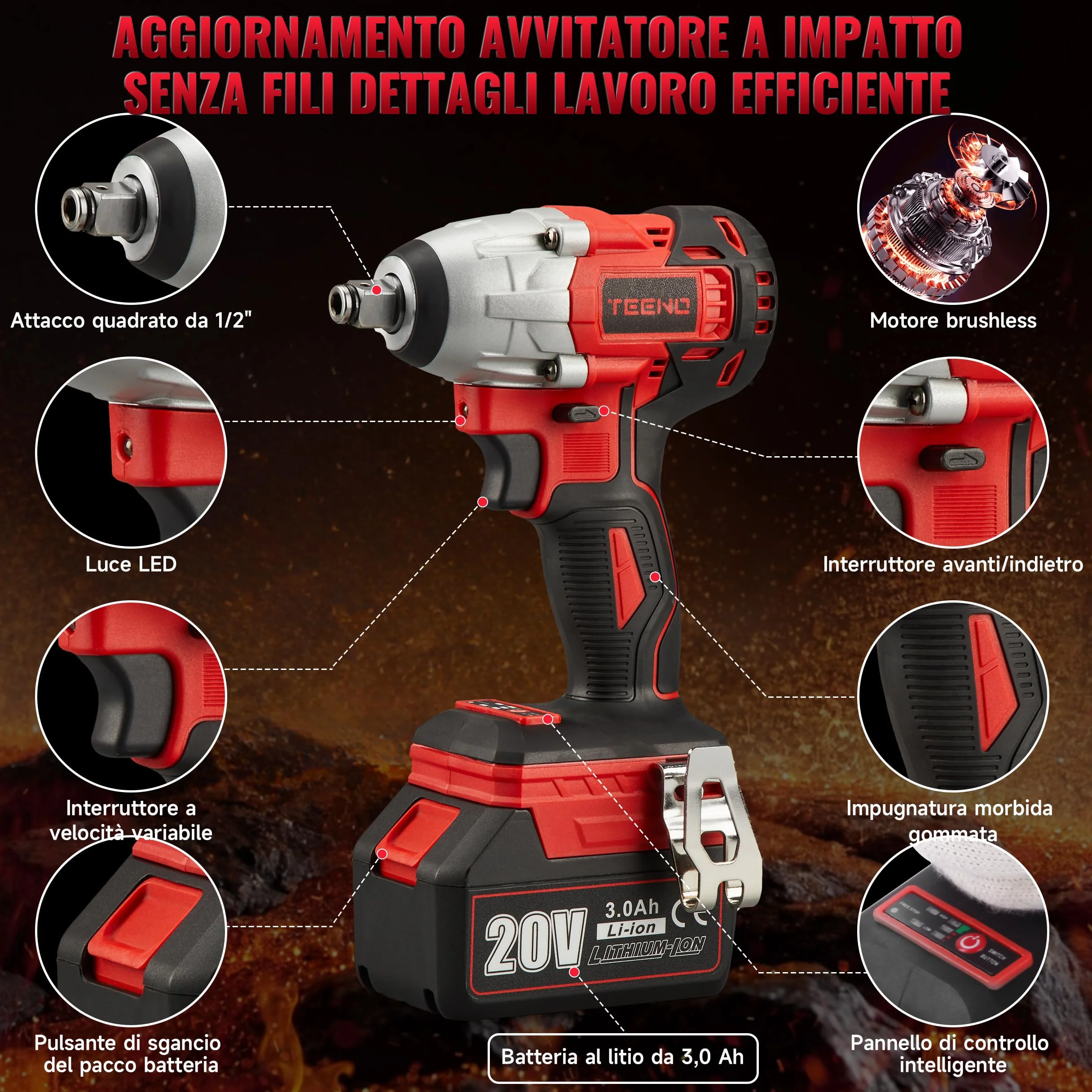 TEENO Kit di utensili 3 pezzi (avvitatore a impulsi senza fili + trapano a percussione + smerigliatrice angolare senza fili) 20V 2xbatteria 3Ah