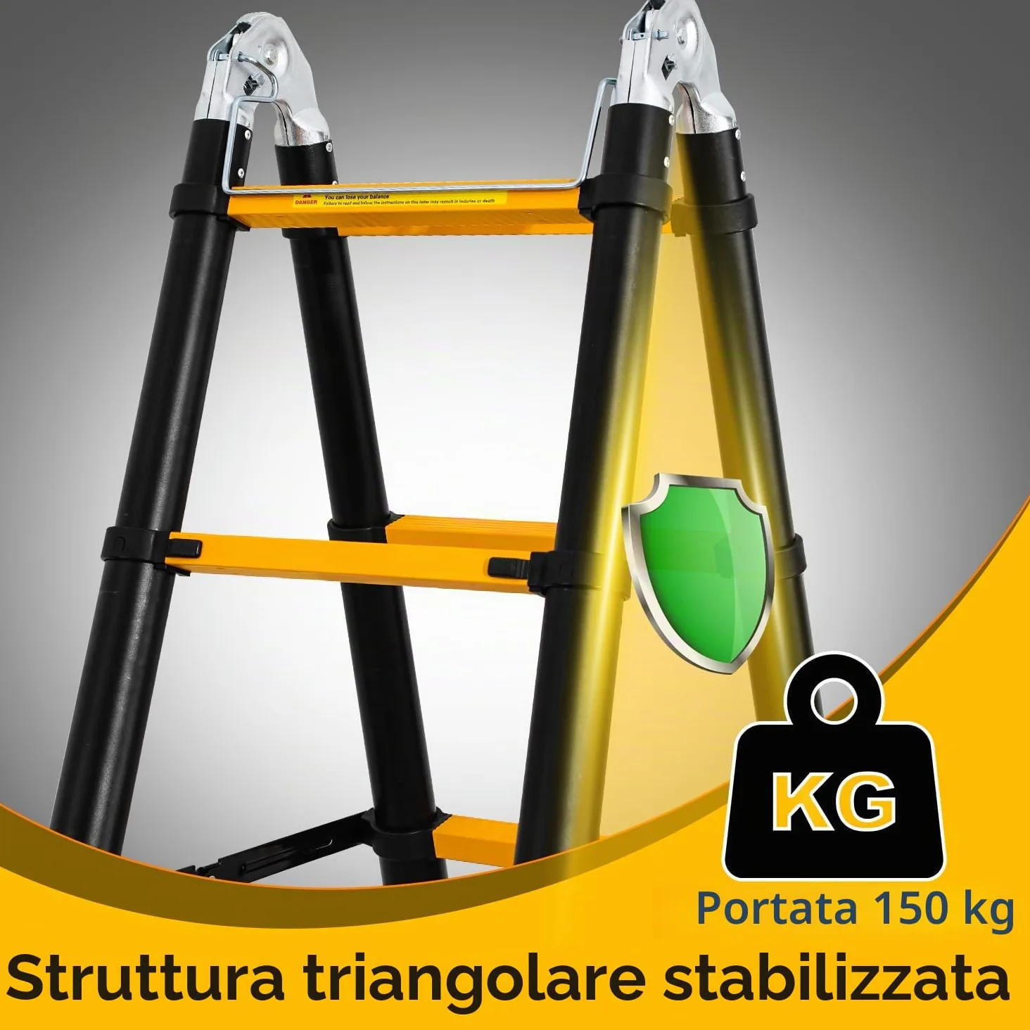 Eulenke Scala telescopica in alluminio 5 m / 2,5m + 2,5m, scala pieghevole con bilanciere e ruote, scala retrattile portata 150 kg, scala pieghevole salvaspazio, antiscivolo, nero e giallo
