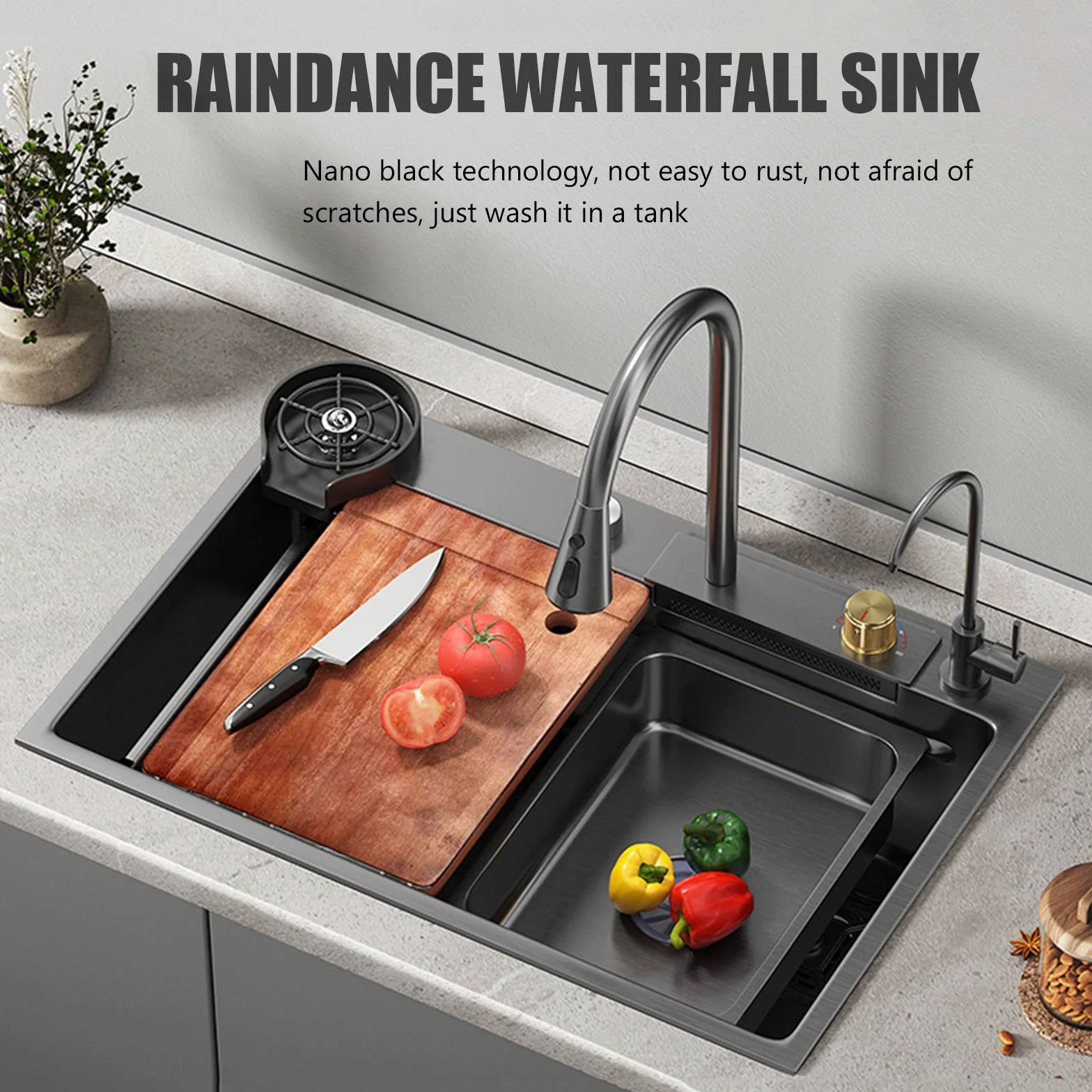 Lavello da cucina Cascata Raindance Nero Acciaio Inox Lavandino Cucina con Rubinetto estraibile con kit di scarico e filtro cestello
