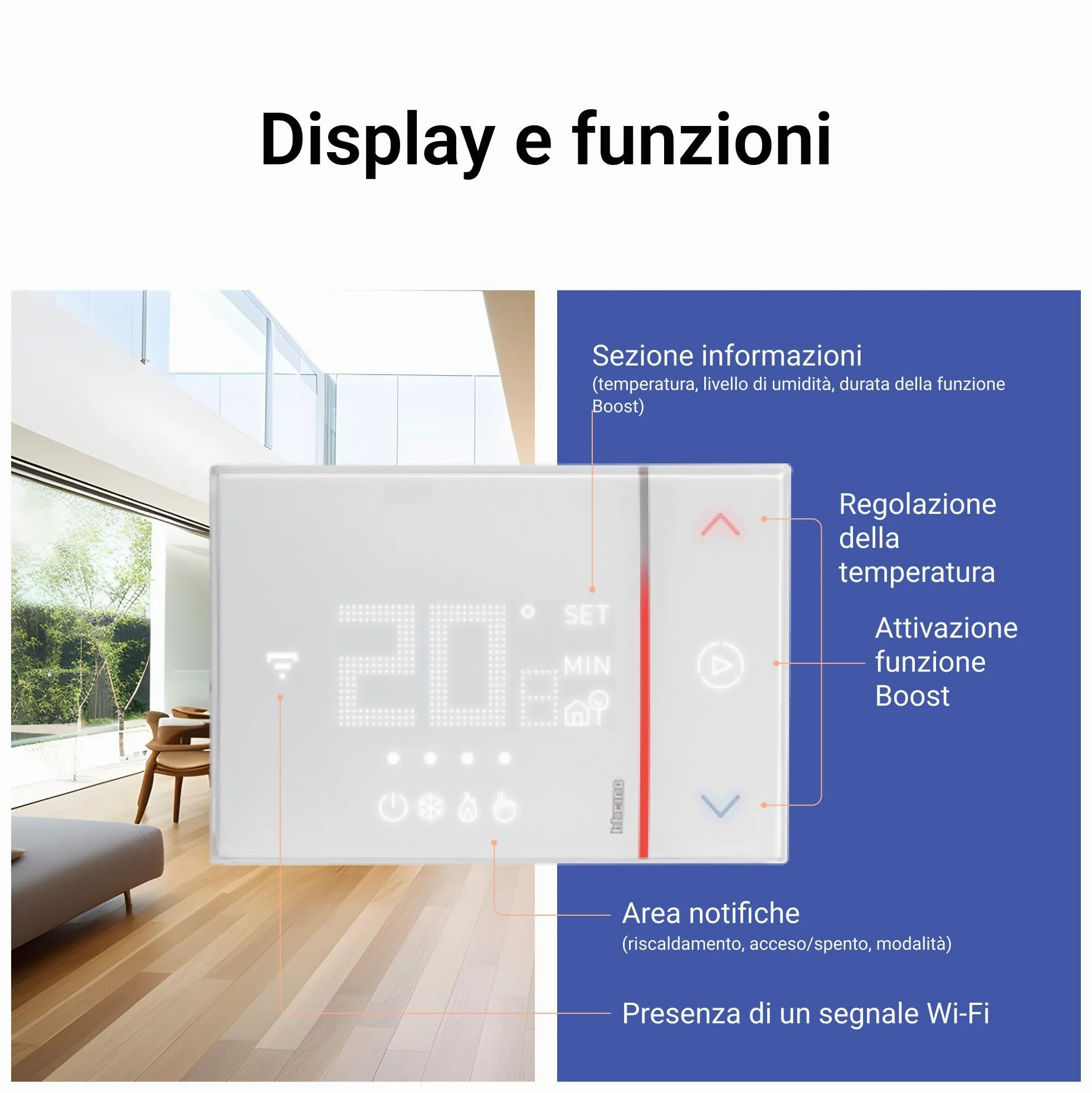BTICINO SXW8002W Termostato WiFi Smarther2 with Netatmo, Termostato Caldaia da Parete, Controllo anche da Remoto con App, Alexa, Google Assistant, Apple HomeKit, Programmabile, Risparmio Energetico