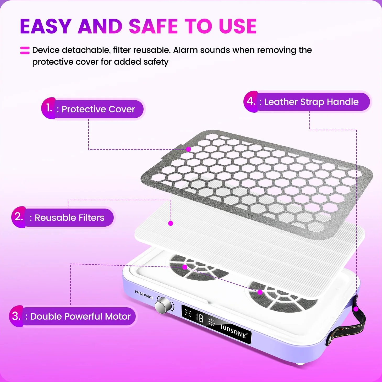 JODSONE, Collettore Professionale di Polvere per Unghie con Doppie Ventole Turbo e Display LED, Portatile, Elevata Efficienza di Rimozione della Polvere, Controllo Intelligente per Uso in Nail Art e