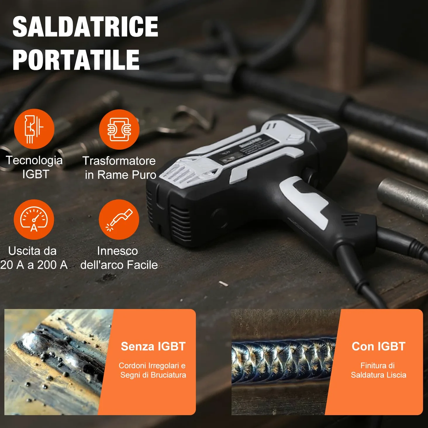 VOBOR Saldatrice Inverter Elettrodo, 200A ARC Saldatrice Portatile con Invertitore IGBT, Display Digitale LCD, Regolazione di Corrente Variabile, Saldatore Elettrico per 1,6-3,2mm Barre Saldatrici