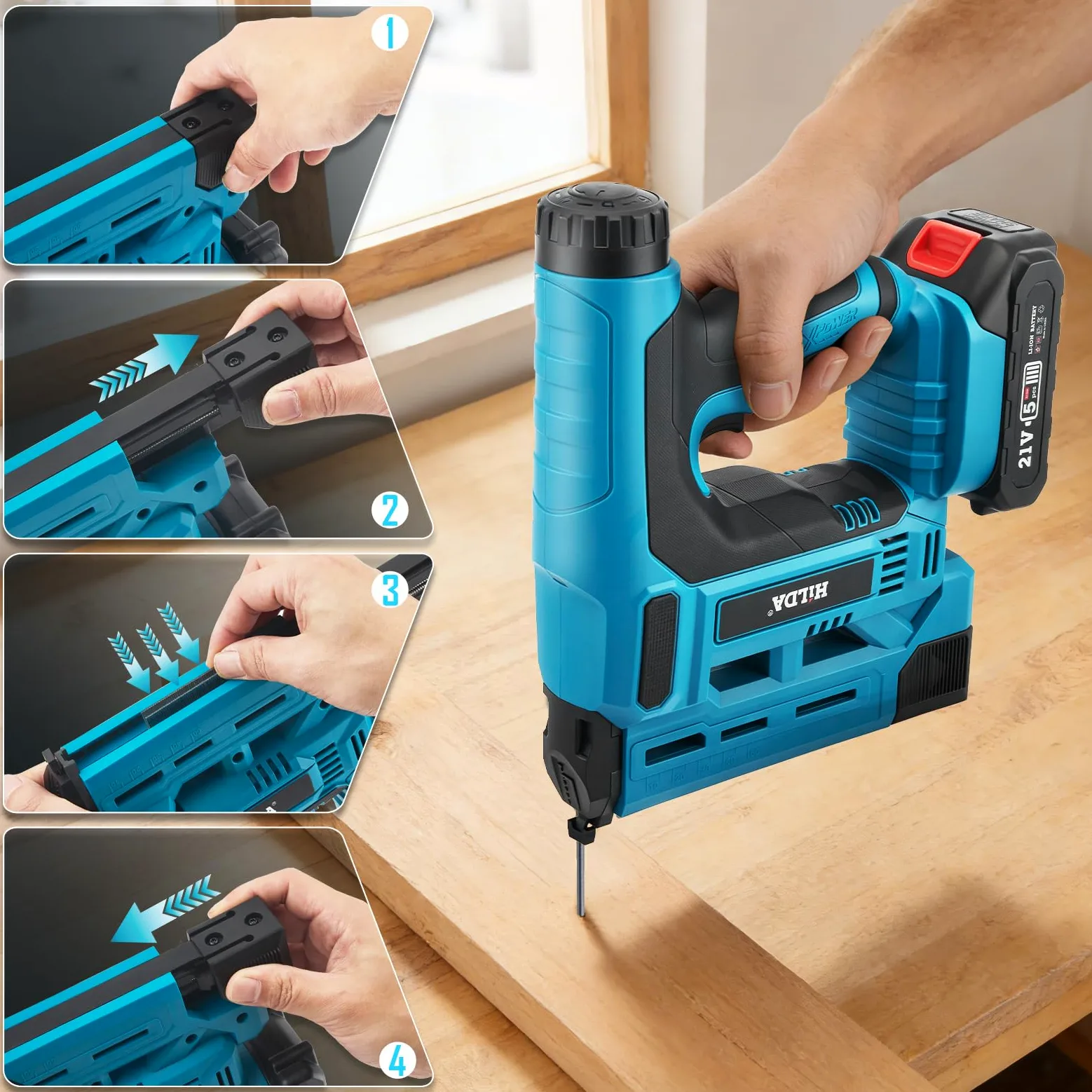Set di chiodatrice elettrica a batteria Chiodatrice e graffatrice 2 in 1 con 2 batterie da 2.0Ah, 1000 chiodi/graffette inclusi - Profondità di chiodatura regolabile lavori di falegnameria e fai da te