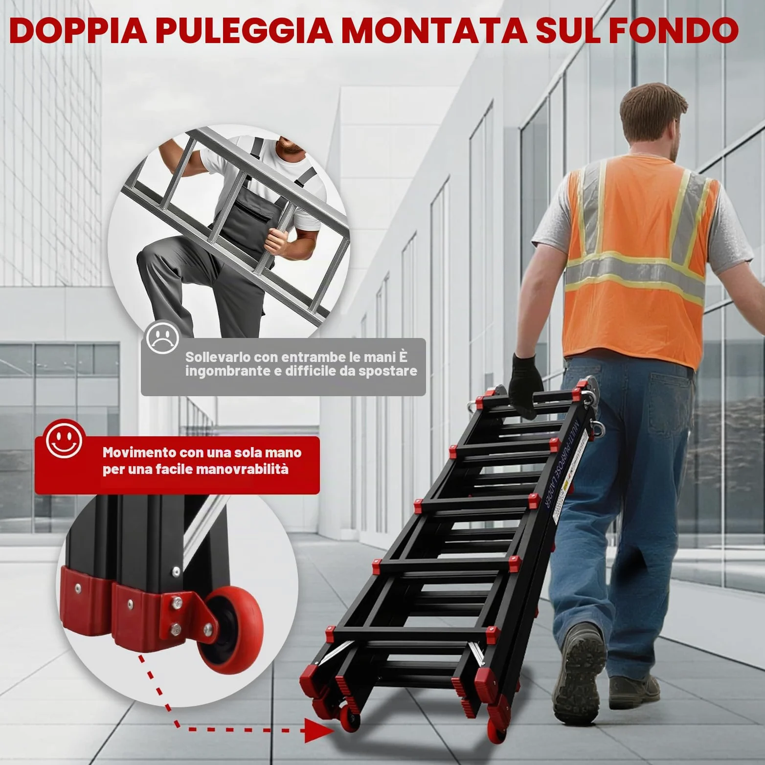 TEENO Scala Pieghevole Multifunzione 5,1 m, Scala telescopica con 2 Rimovibile Ruote e Base Rinforzata Triangolare, 5x5 Gradini, Carico 150KG, Nero