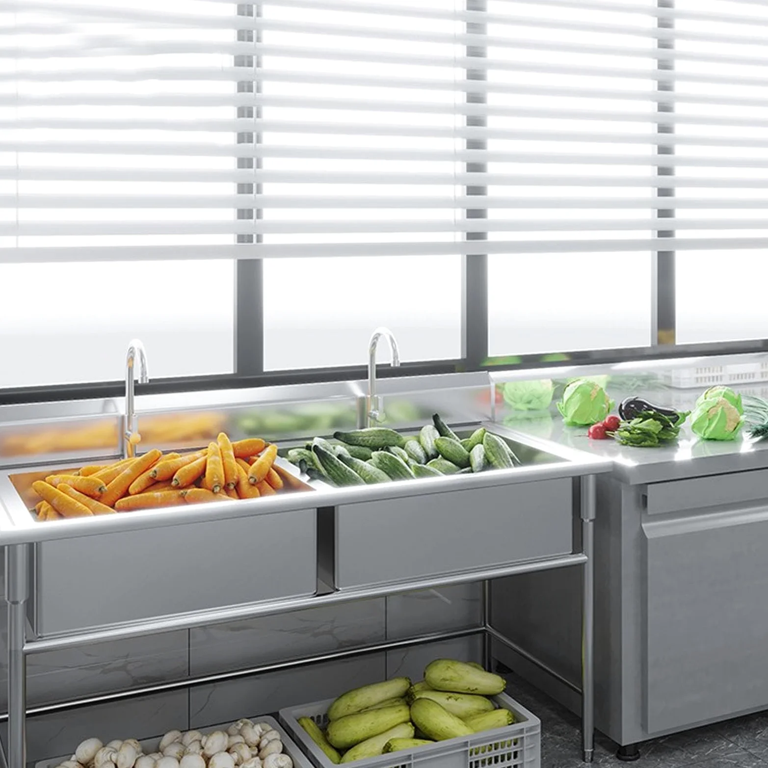 Lavello Autoportante in Acciaio Inox 2 Vasche, Lavandino da Esterno con Filtro per Rifiuti, Kit di Scarico, Lavello Professionale per Cucina, Garage, Lavanderia, Ristorante