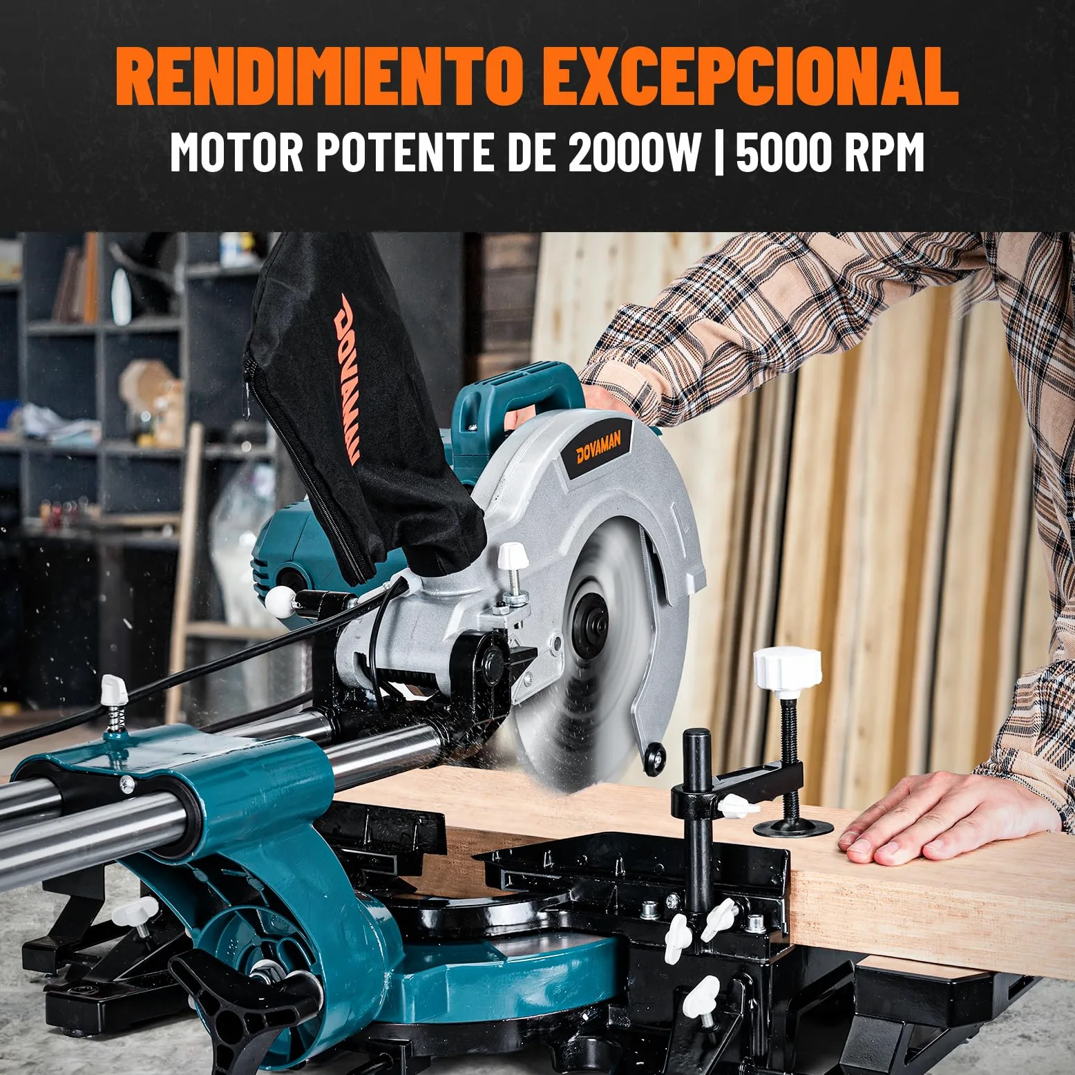 DOVAMAN DMS01A Troncatrice Radiale 2000W, Doppia Velocità 3200/5000 RPM, 3 Lame TCT, Taglio Max 340x90mm, Angolo 0-45°, Guida Laser, 9 Posizioni, Per Legno PVC Alluminio Metalli Teneri
