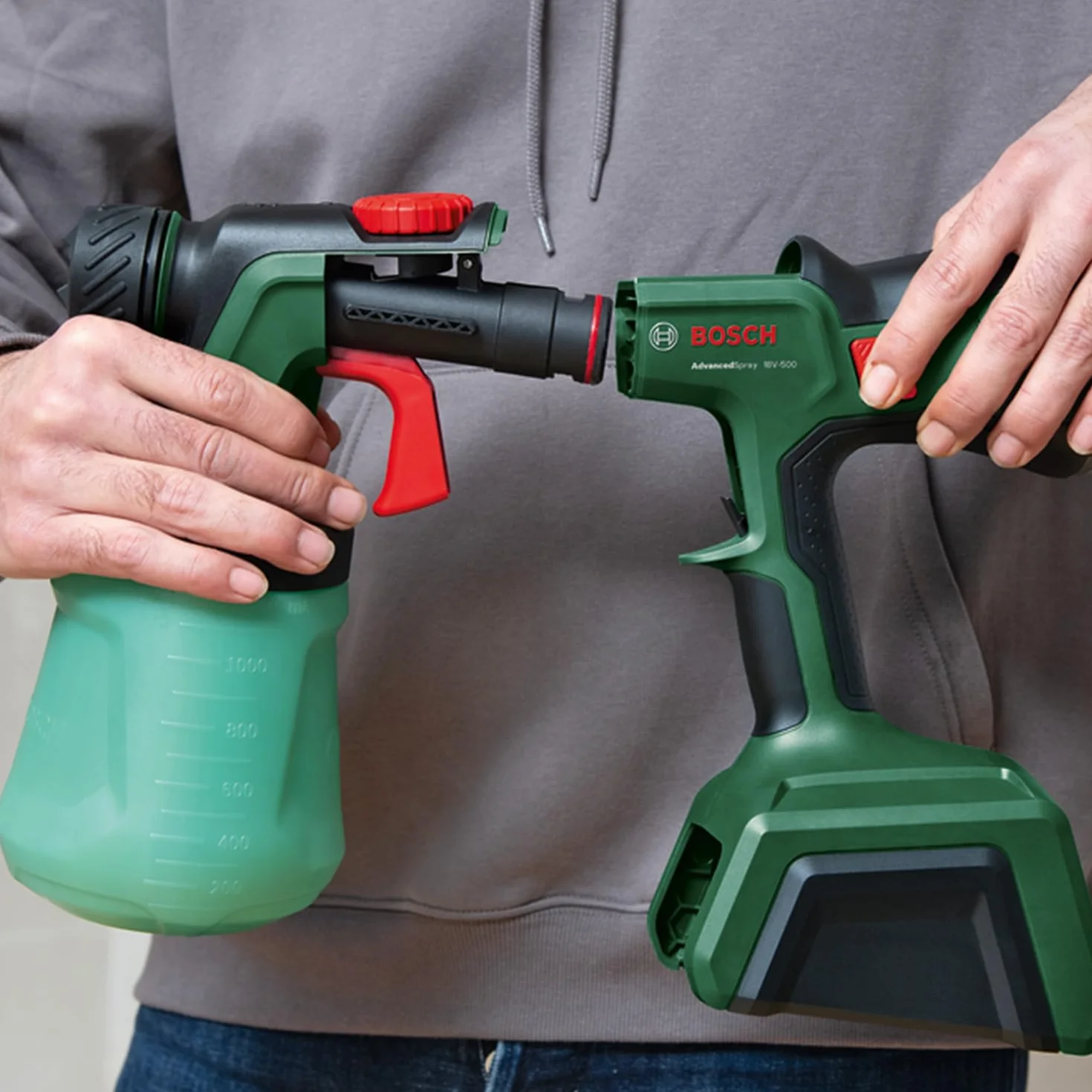 Bosch pistola a spruzzo a batteria AdvancedSpray 18V-500 (per varie vernici; 3m²/min; 2 serbatoi 1200 ml; batteria 4 Ah e caricabatteria)
