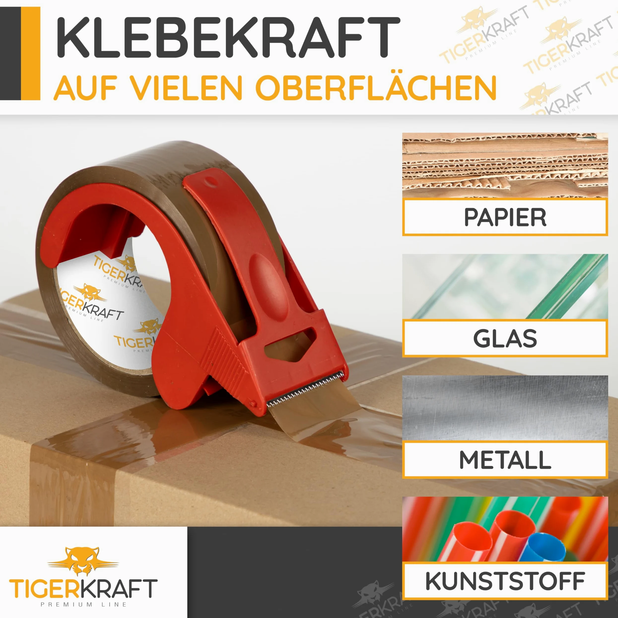 TIGERKRAFT – Nastro adesivo a basso rumore con avvolgitore – Nastro adesivo resistente ai raggi UV – Nastro adesivo ogni 48 mm x 66 m / 48 micron – Nastro per imballaggio per spedizione, magazzino,