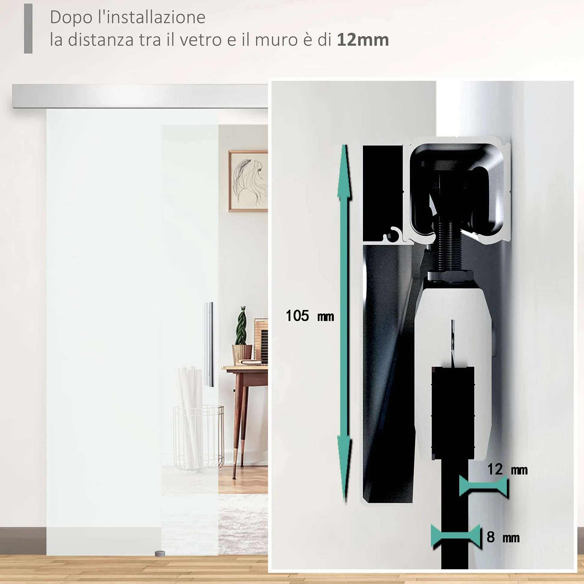 HOMCOM Porta Scorrevole in Vetro Trasparente con Binario e Maniglia in Alluminio per Bagno Cucina Studio 210x75x0.8cm