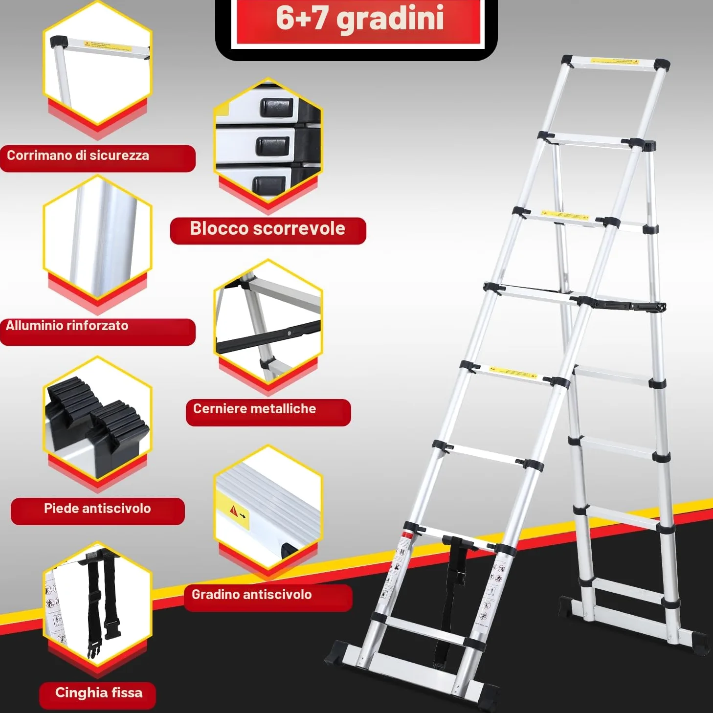 Lospitch - Scala telescopica pieghevole, 2 + 2,3 m, in alluminio, antiscivolo, multiuso, allungabile, telaio ad A, 6+7 pioli, portata 150 kg