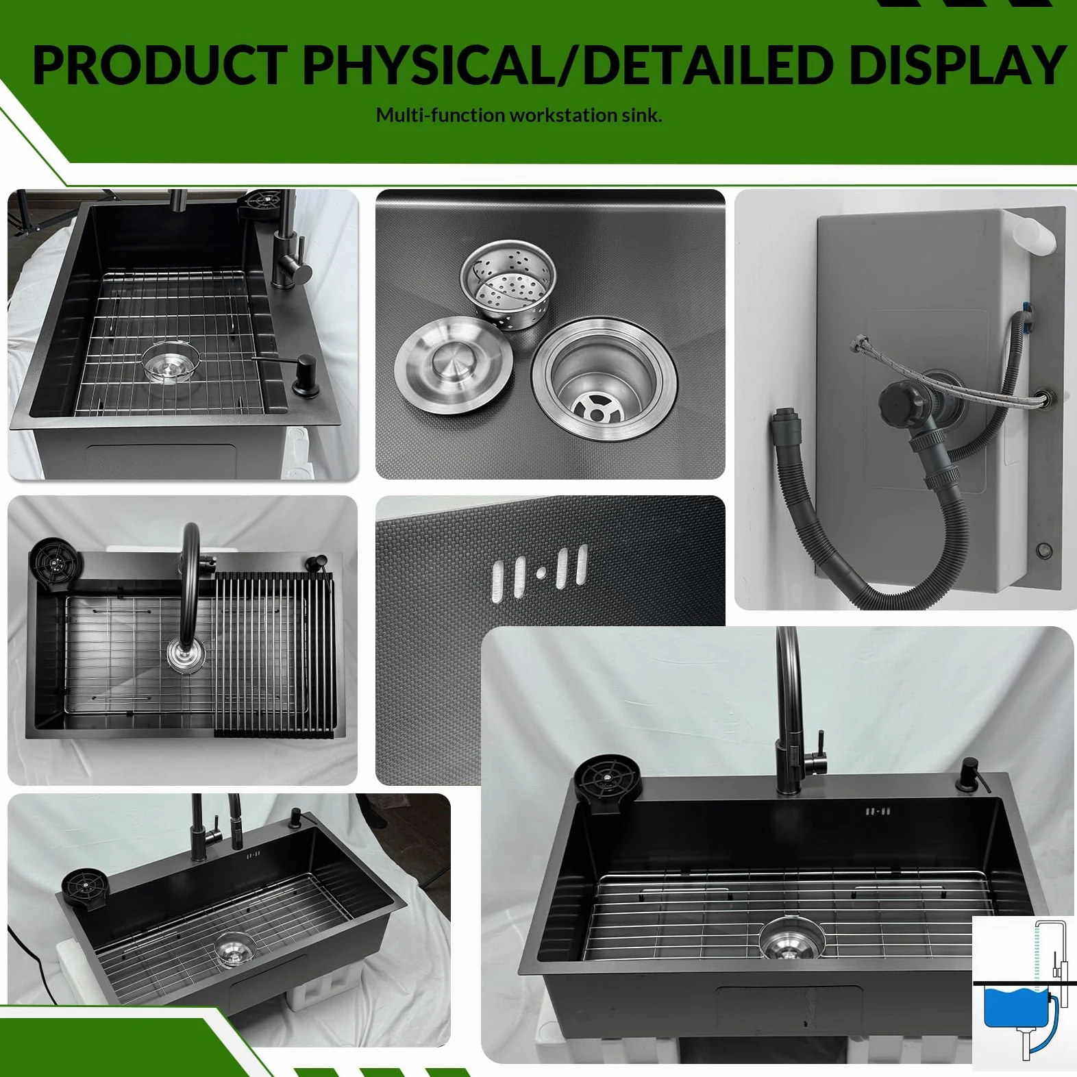 85x50cm Acciaio Inox Lavello Cucina 1 Vasca Grigio Nero, Con Griglia In Acciaio Inox Nano, Lavabo Cucina con 3 Fori Scolapiatti da Appoggio con Rubinetto, con Dispenser Sapone Da Appoggio
