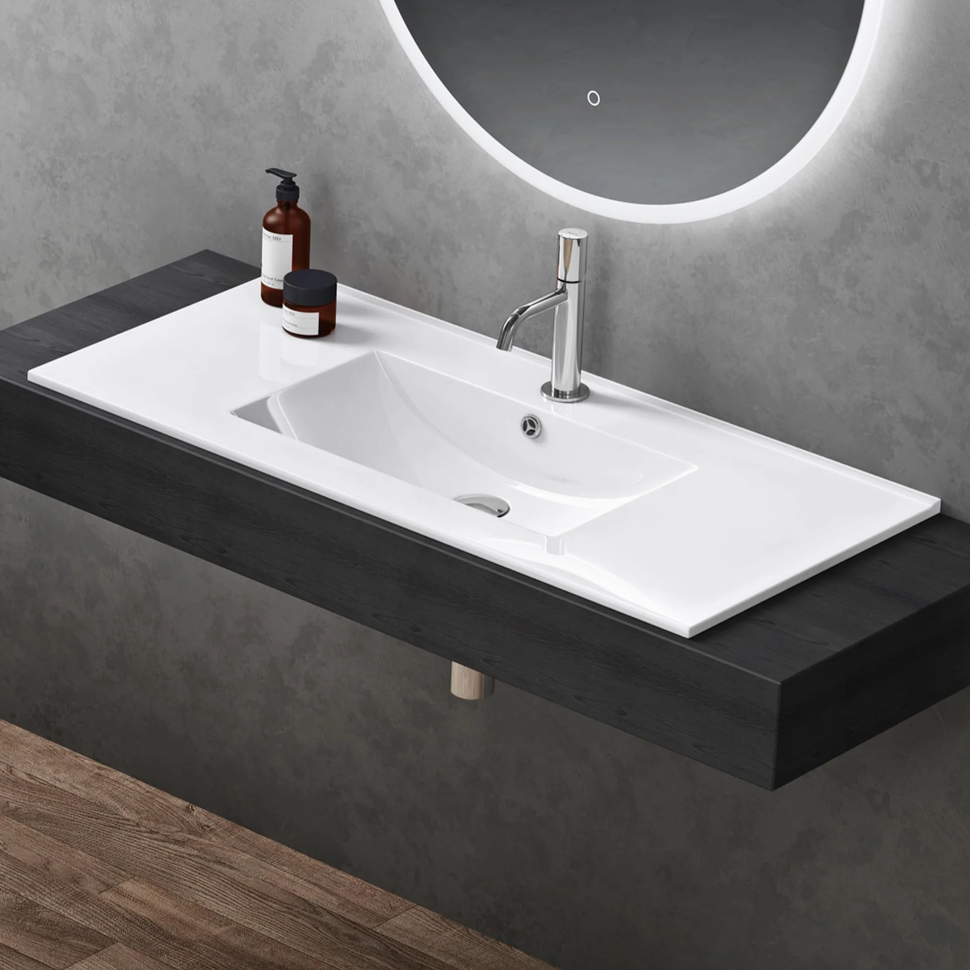 doporro Lavabo da Incasso Rettangolare 100 cm in Ceramica Bianco Lucido, Lavandino Integrato con Foro Rubinetto, Installazione su Mensola o Mobile Bagno Brüssel912