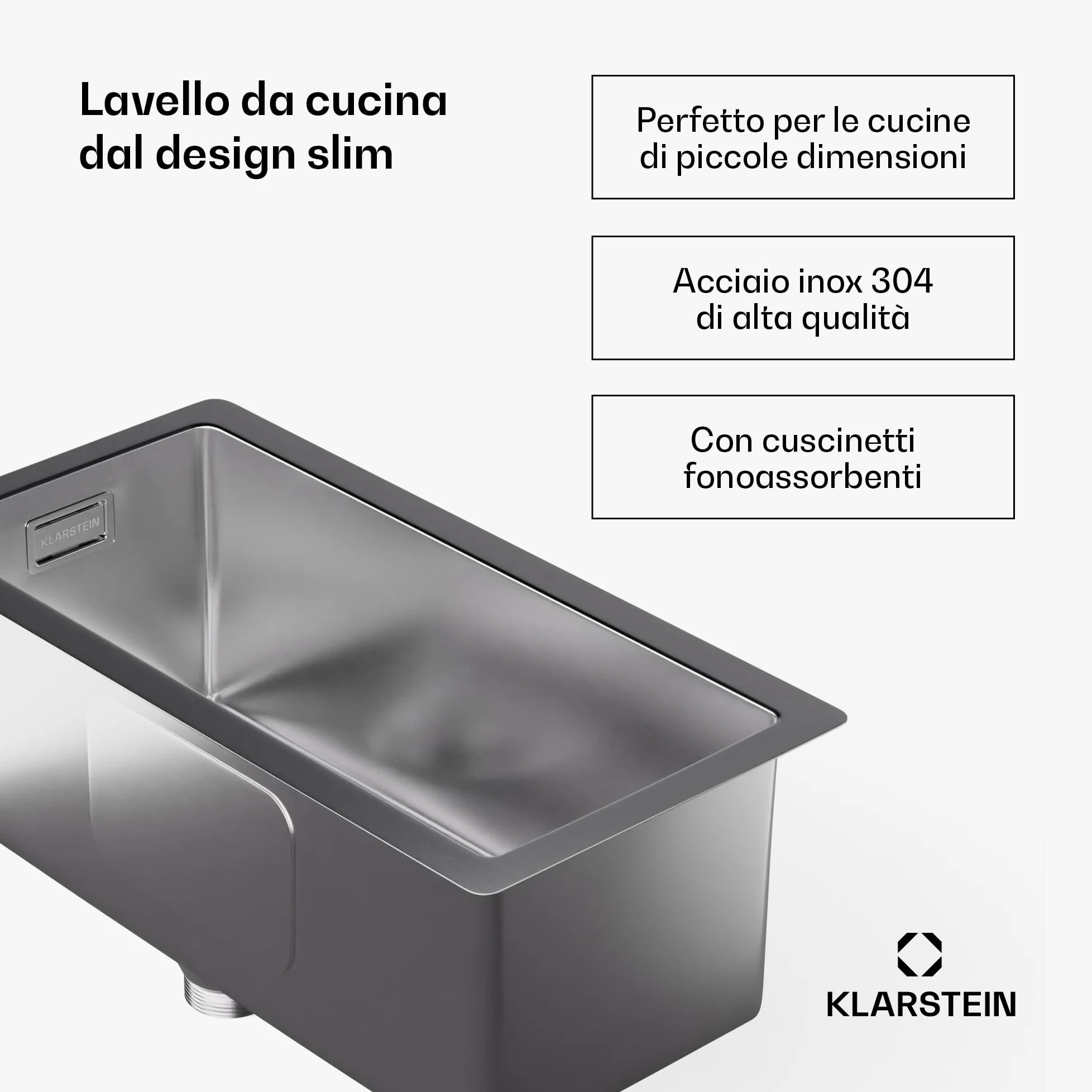 Klarstein Lavello Cucina – Acciaio Inox 304, Design Stretto 23 cm, Resistente a Graffi & Calore, Facile da Pulire, Include Kit Installazione & Troppopieno, 45x23 cm