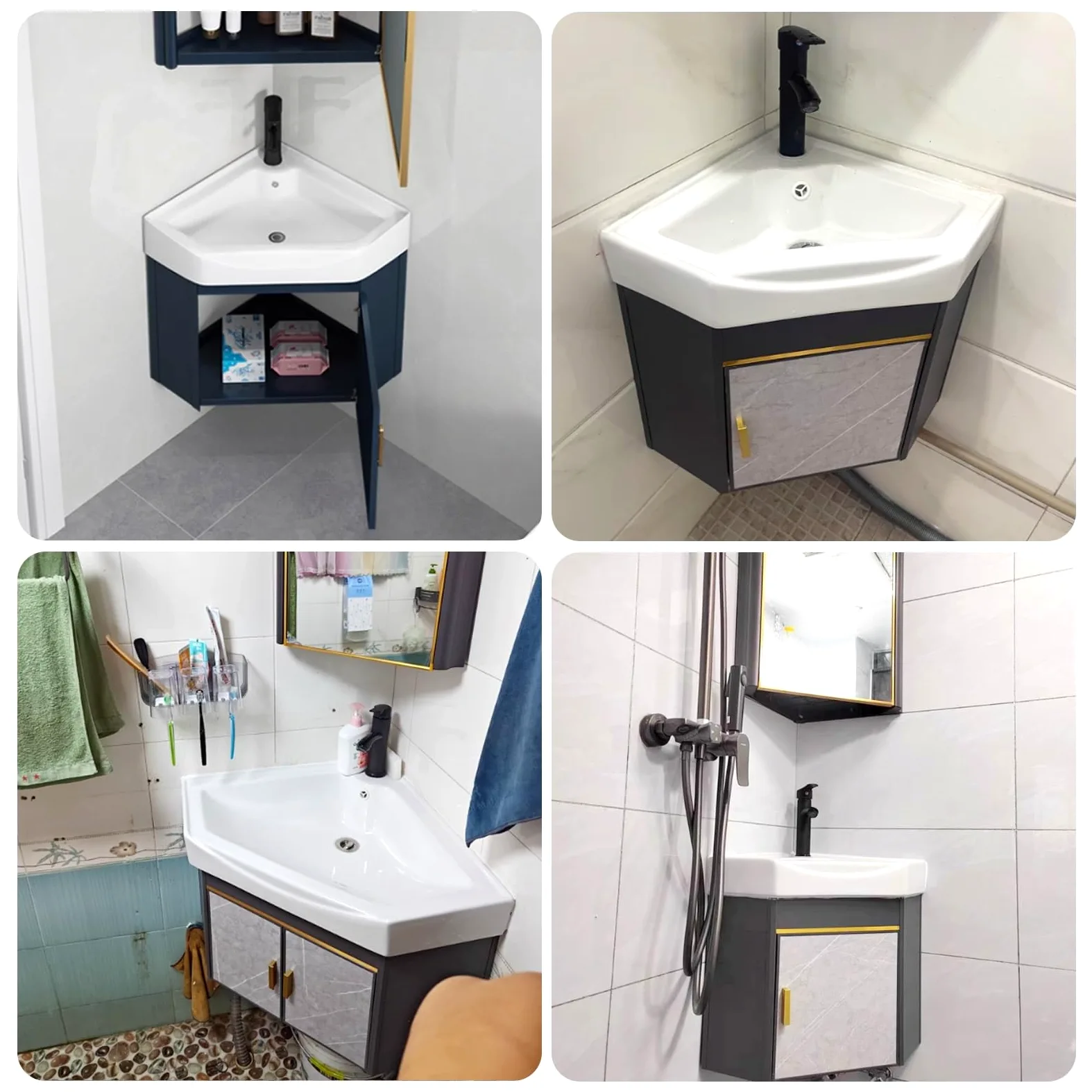 Bagno Lavabo Angolare su Piedistallo Mobile con Rubinetto e Scarico, Specchio e Sospeso per Bagno e Lavanderia