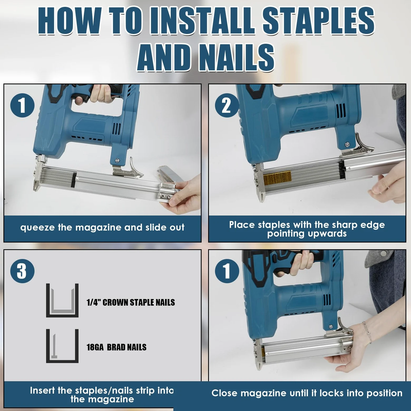 Pistola per unghie a batteria, compatibile con batteria al litio Makita da 18 V, 100 W, per legno, con 500 chiodi e 500 graffette