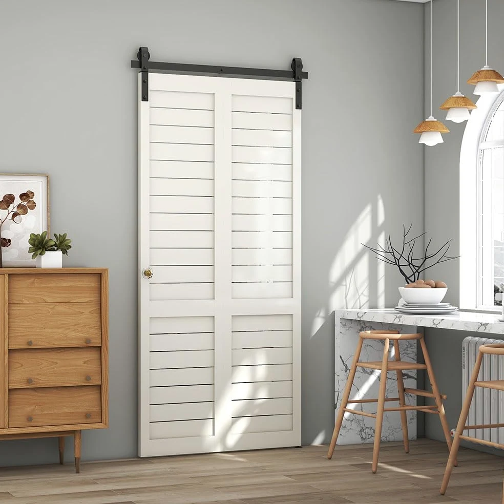 TSMST Set completo per sistema di porta scorrevole a doppia piega 107cm/3.5FT, set di binari per porta a fienile salvaspazio per 2 porte, stile base, liscio e tranquillo (senza porta)