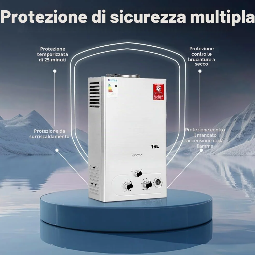 Scaldabagno a Gas 16LPM, Scaldabagno Gas GPL 32KW, Funziona a Bassa Pressione dell'Acqua con Propano e Butano, Adatto per Case Camper Cabine Esterno