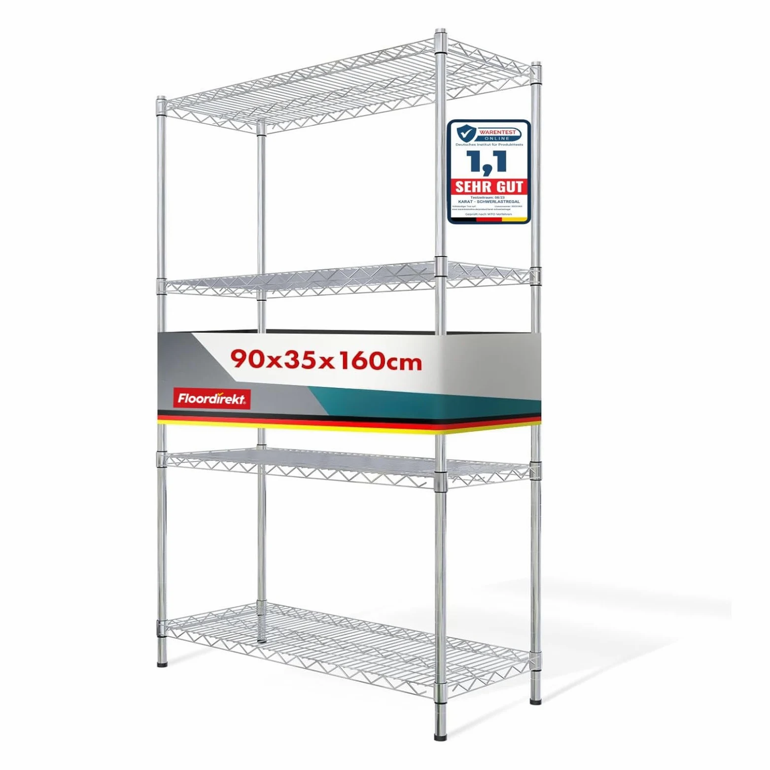 Scaffale con ripiani a griglia Everest, in metallo, portata circa 70 kg per ripiano. Sistema di stoccaggio multifunzionale, cromato, disponibile in diverse dimensioni (90 x 35 x 160 cm, 4 ripiani)