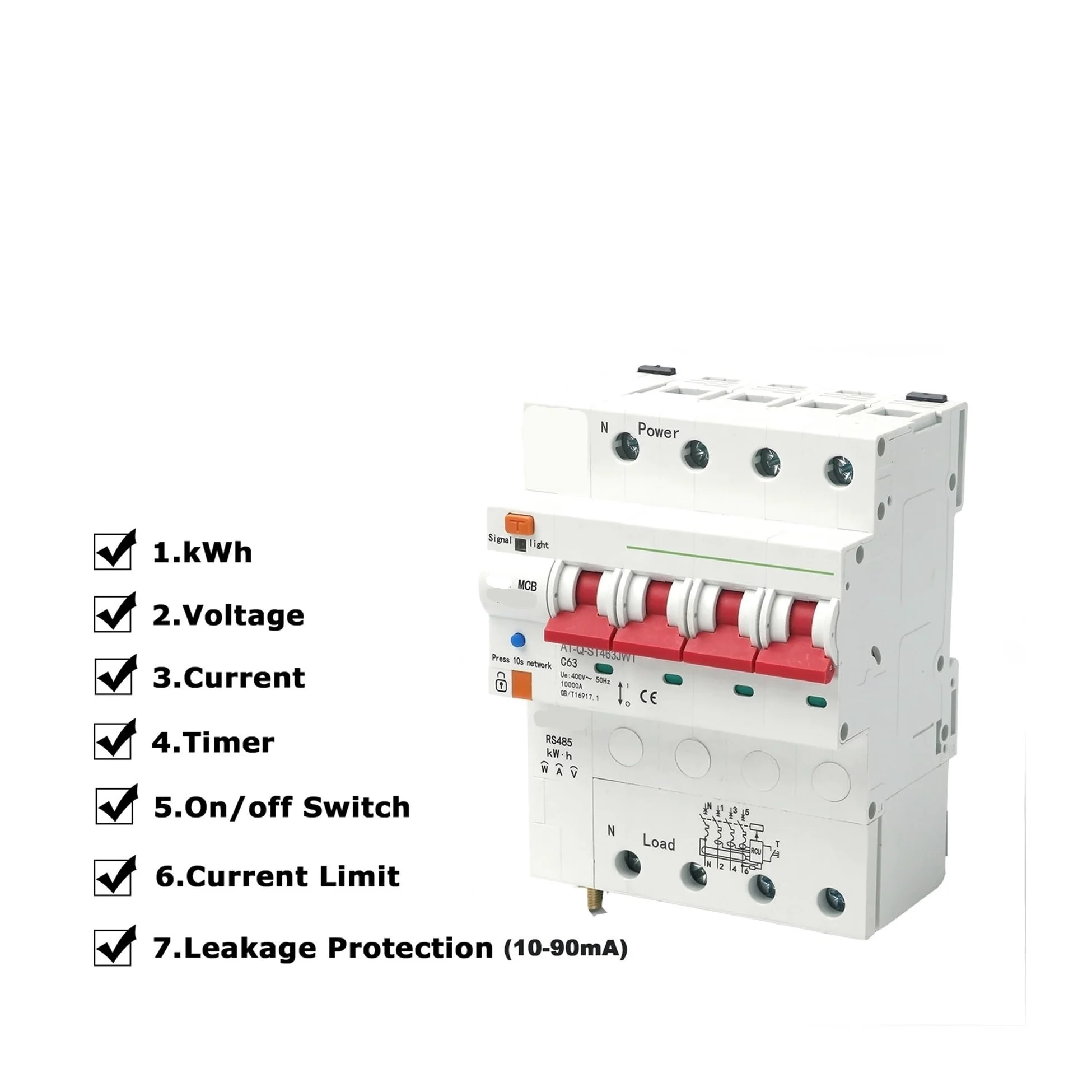 Contatore di energia RCBO trifase 4P, relè Interruttore di Circuito con Protezione dalle perdite, 63 A