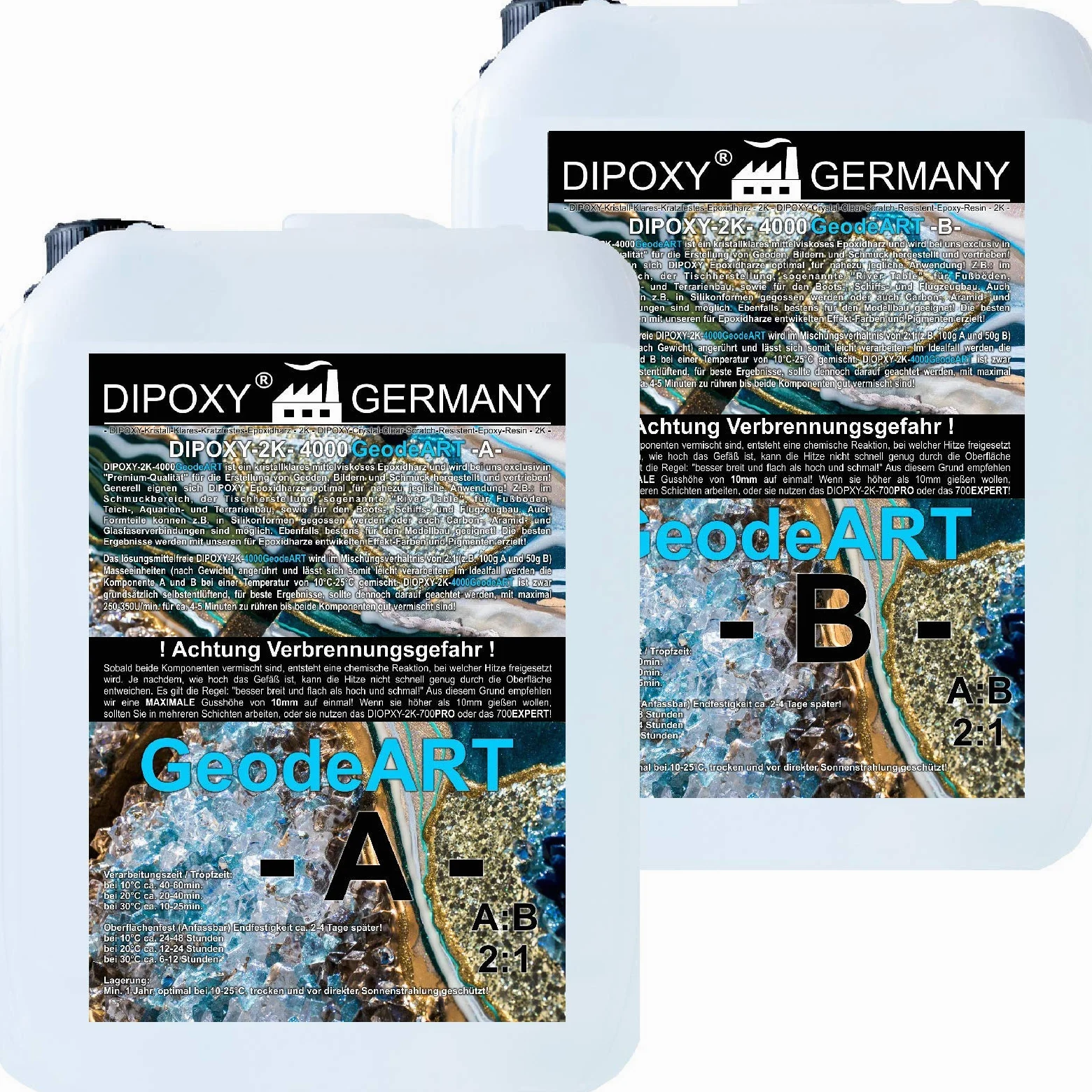 12 kg di resina epossidica + indurente DIOPXY-2K-4000GeodeART 2K EP Professionale Vetro Trasparente Trasparente Inodore, Resina epossidica Wave ART UV Stick.