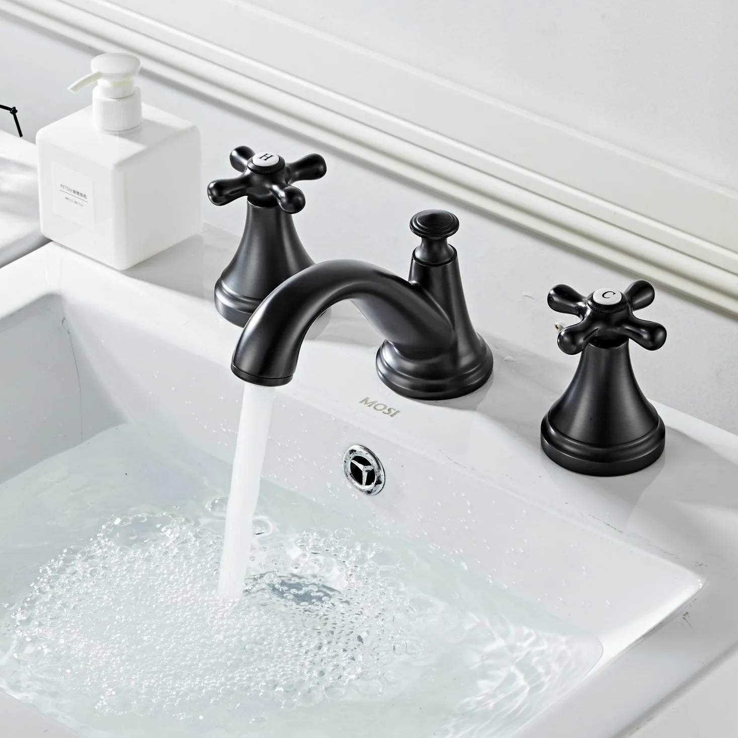 Rubinetto Bagno Lavabo Tre Fori Rubinetto Miscelatore, Nero Opaco