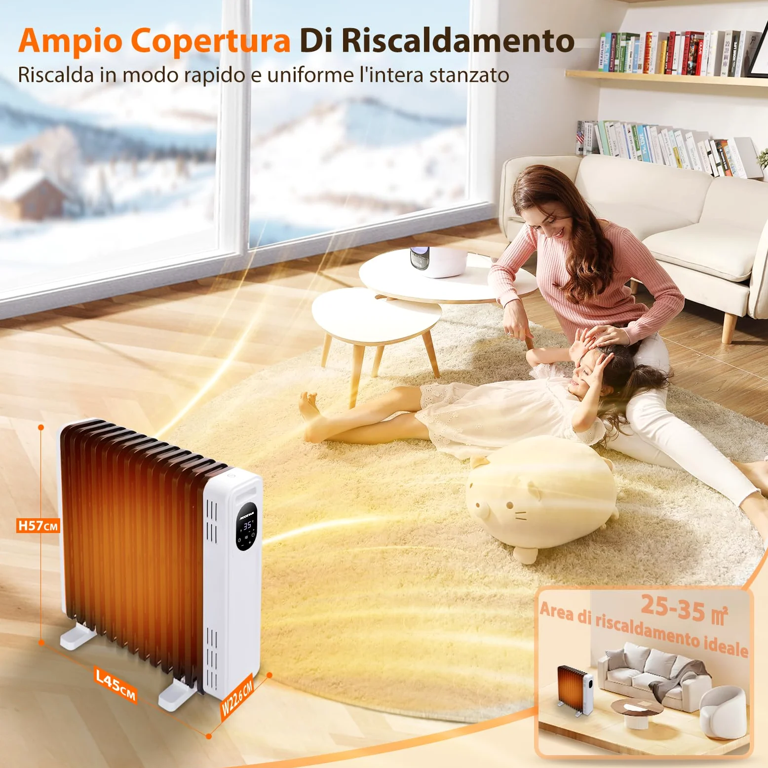 Aigostar Radiatore ad Olio 2500W, 13 Elementi Riscaldatore Elettrico Portatile, 3 Livelli di Calore, Modalità ECO, Timer 24H, Touch screen digitale, Telecomando, Hyperheat, Protezione Multipla, 60mq