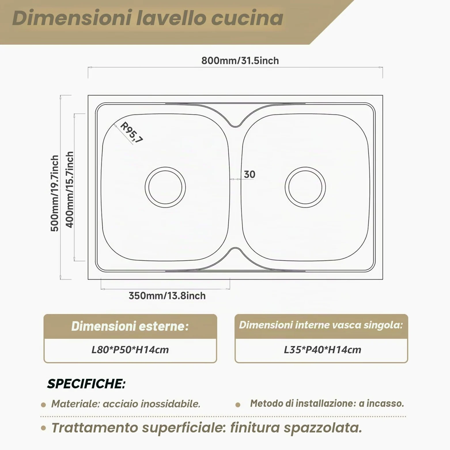 Lavello Cucina 1 Vasca con Set di Drenaggio, Lavabo Cucina con 2 Fori, Acciaio Inox (Acciaio inossidabile, 80 * 50)