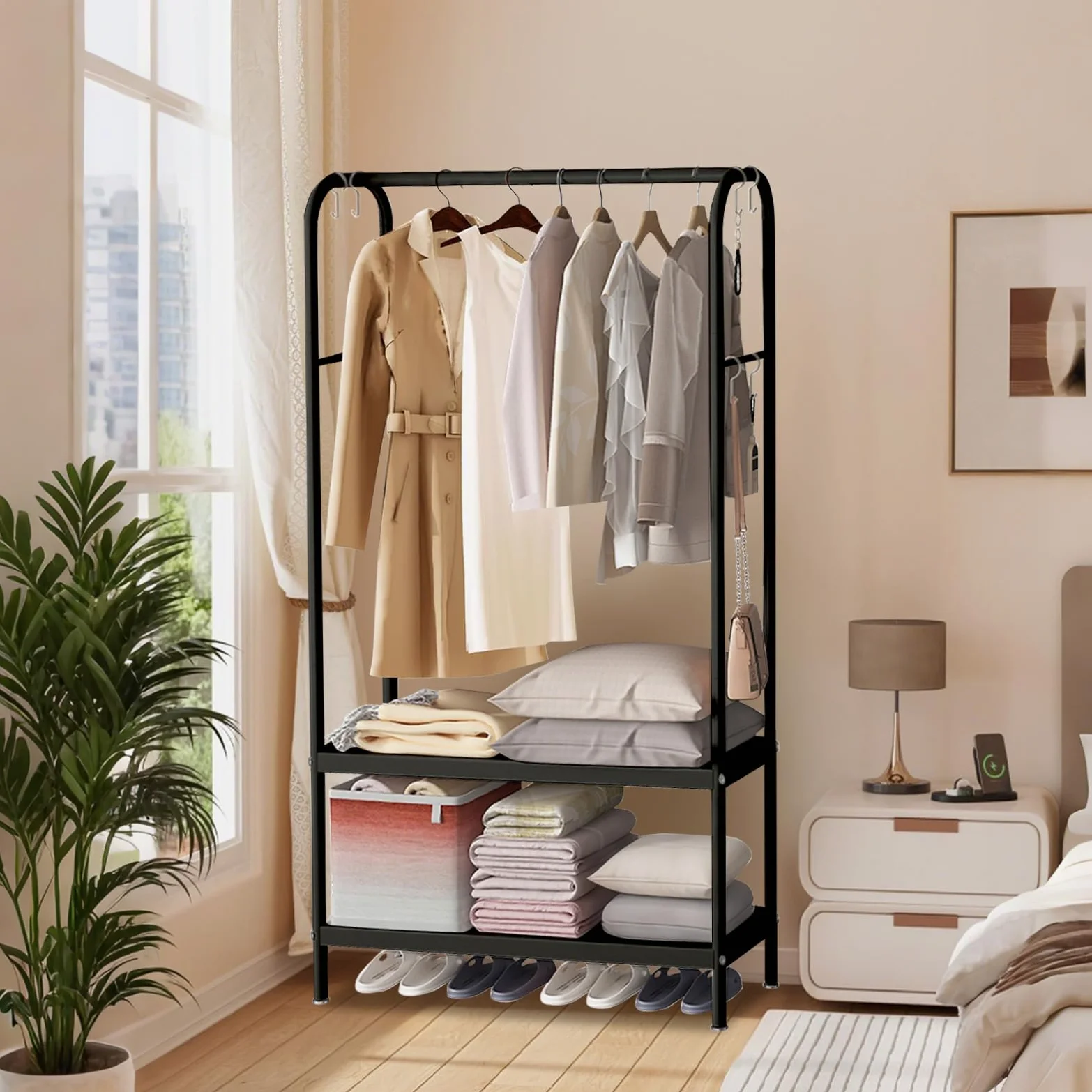 Zstar Appendiabiti in metallo per appendere vestiti, con ripiani a 2 livelli, 6 ganci, per negozio, camera da letto, spogliatoio, 80 x 33 x 172 cm, nero