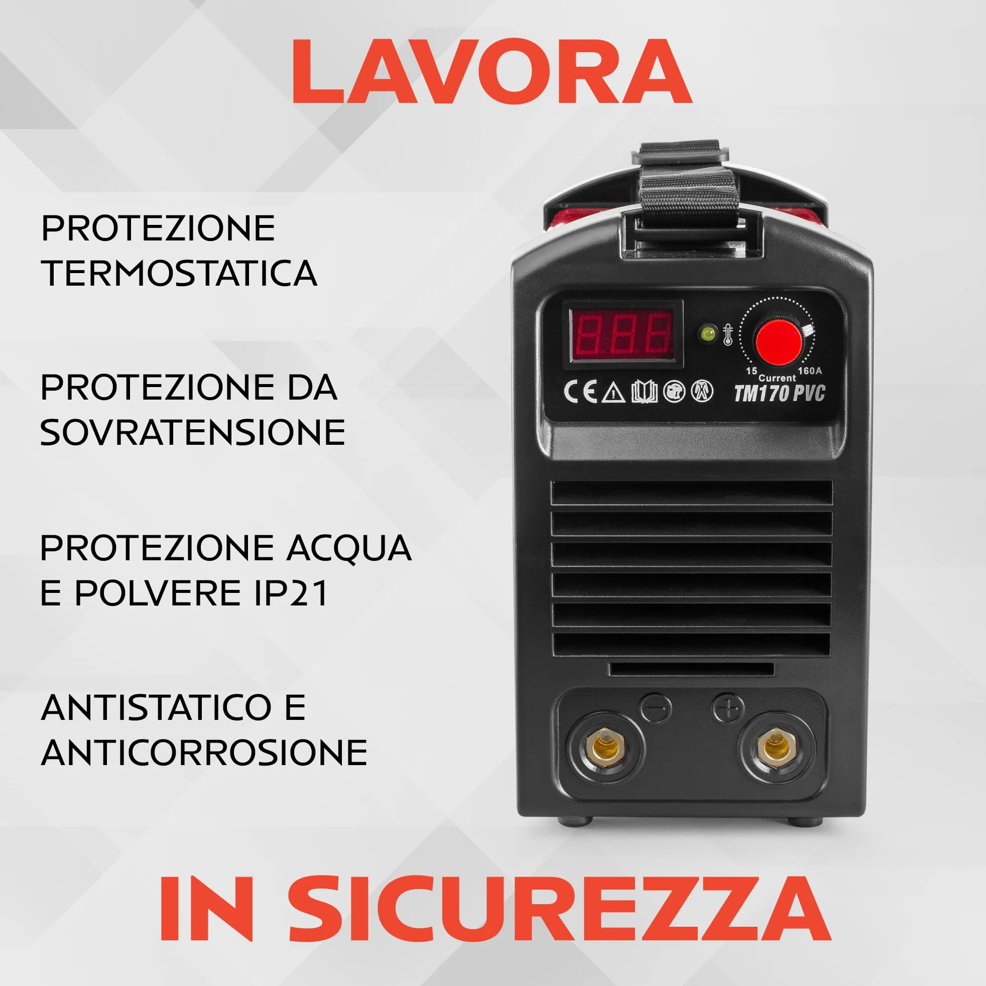 TIGMIG Saldatrice Inverter MMA (Elettrodo), Fino a 160 A, Modello TM170PVC, Con Funzione LIFT TIG, Con Valigetta In PVC Per Trasporto, Accessori Inclusi, Garanzia e Assistenza ITALIA