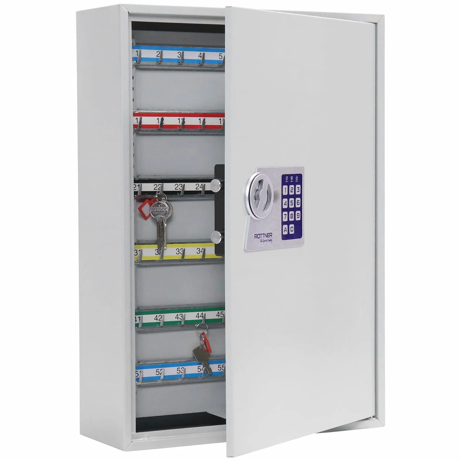 Rottner T06023 Armadietto per chiavi S 200 EL, in lamiera d'acciaio, chiusura elettronica e ganci regolabili per 200 portachiavi, colore grigio chiaro.