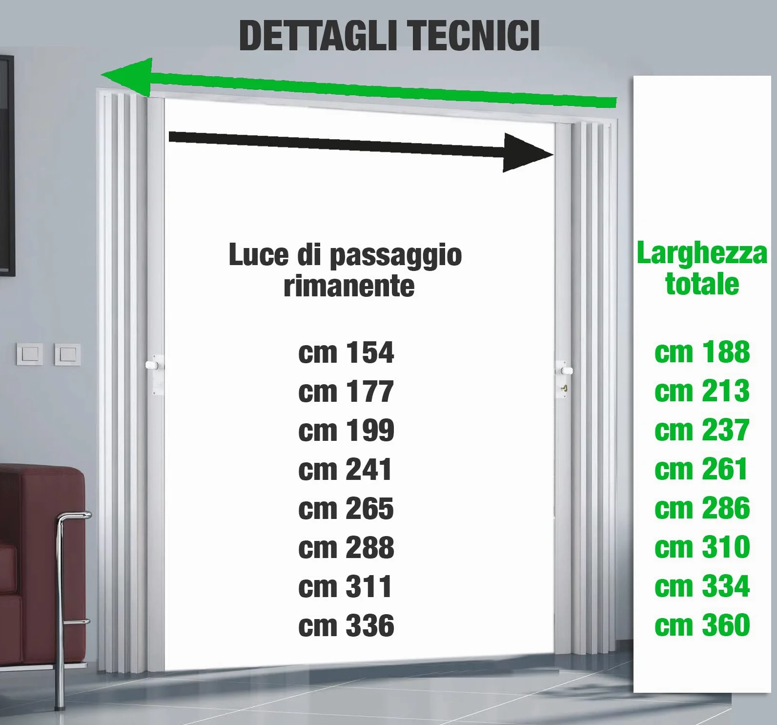 Porta a soffietto SU MISURA di grandi dimensioni a partire da 156-408 cm Larghezza APERTURA CENTRALE in pvc vari colori pannelli altezza 220/300 cm