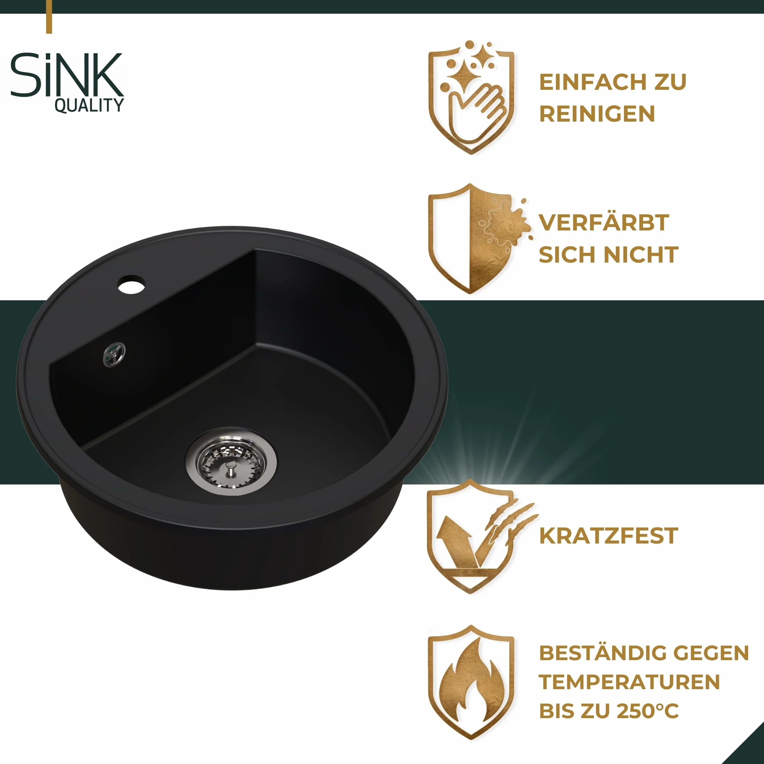 SINK QUALITY lavello rotondo con rubinetto Ø 51 cm – lavello in granito nero con rubinetto, sifone e impregnazione – lavello da cucina rotondo in granito per sottolavelli a partire da 55 cm di