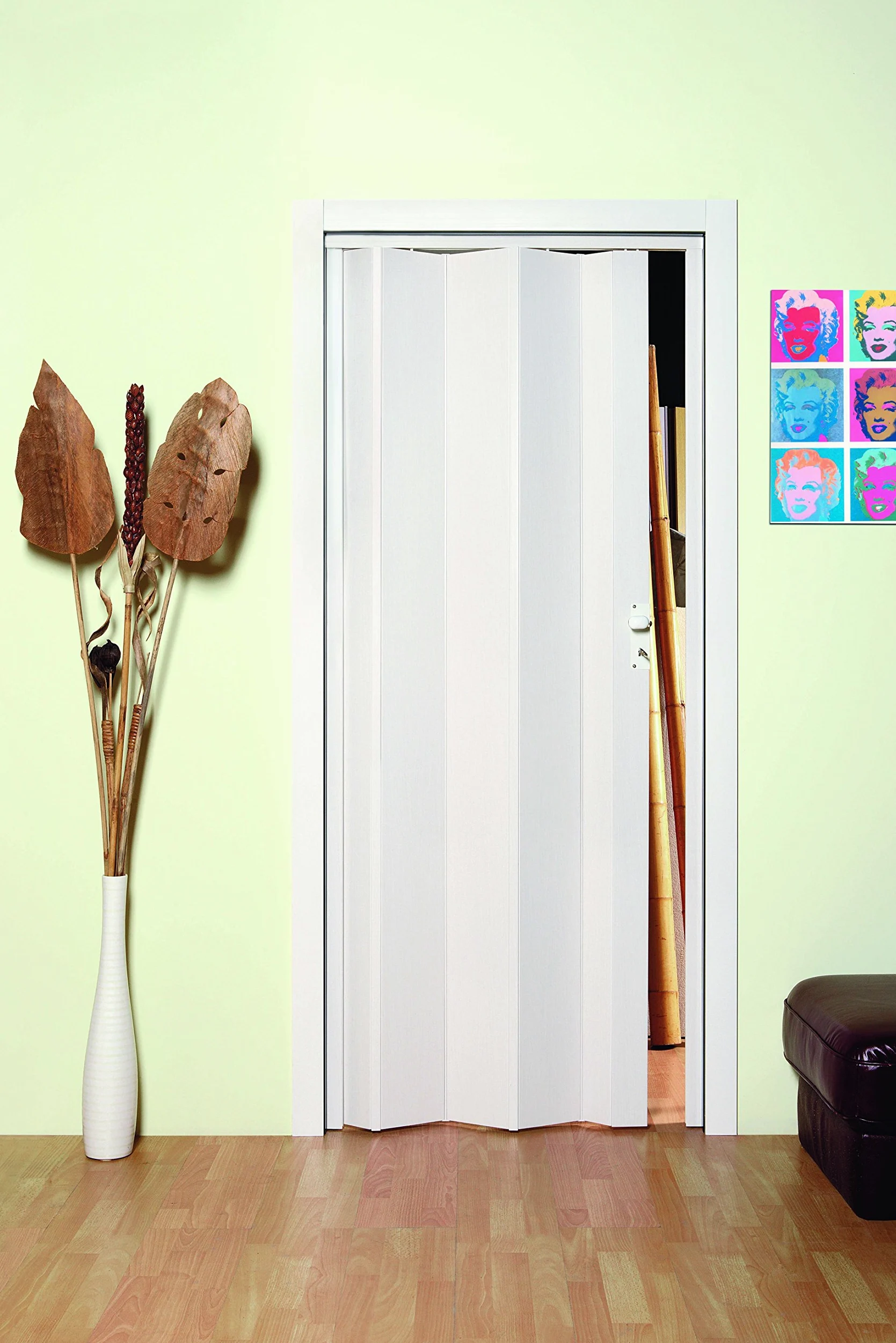 Forte Porta a Soffietto Elly in PVC, Resistente agli urti, Riducibile, Resistente all'umidità, Disimpegno, Kit completo, L83 x H214, Bianco pastello