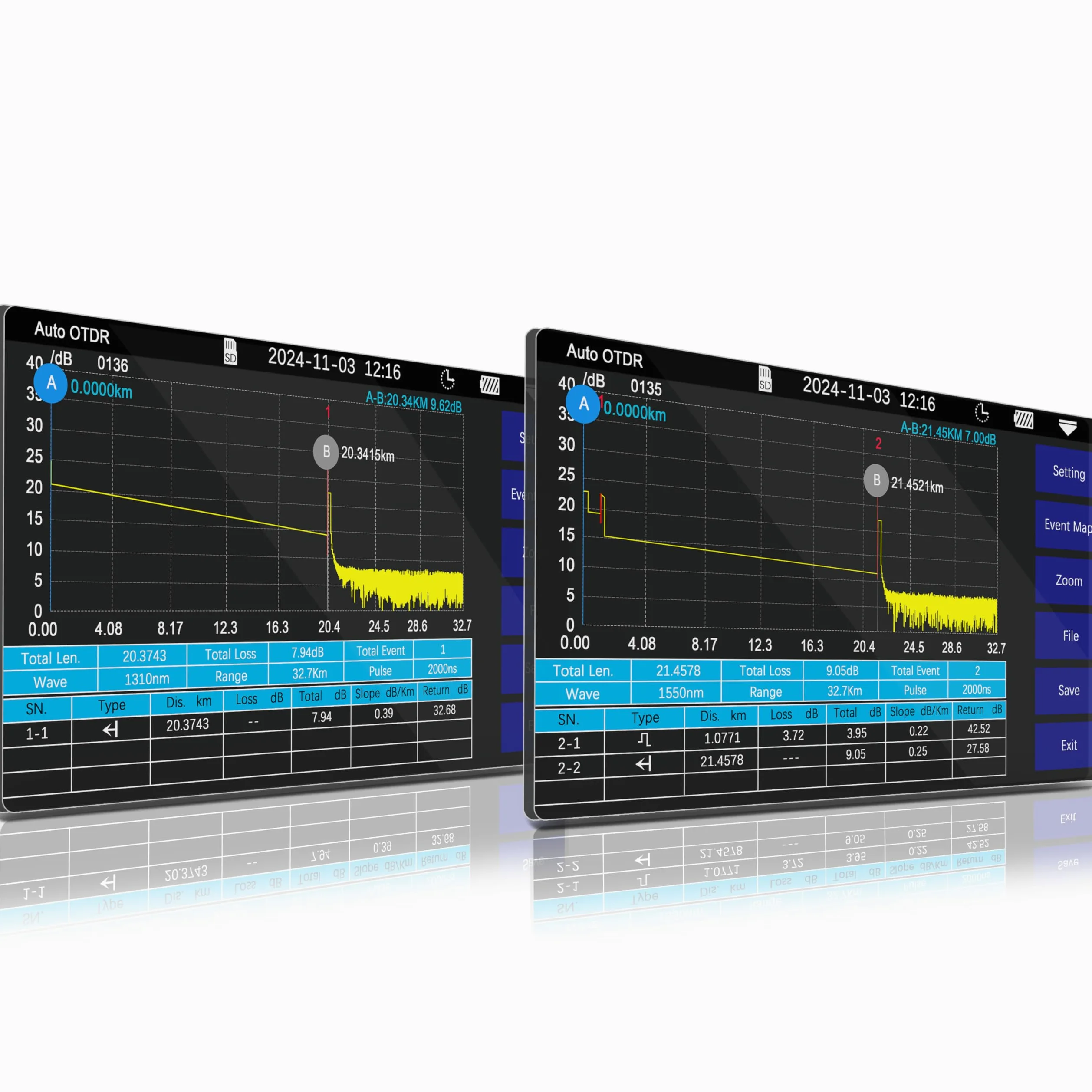1310nm/28dB+1550nm/26dB SM Fibra OTDR Tester con OPM+10G OPM+OLS+VFL+Mappa degli Eventi+Tester di perdita+Test Multifibre+Test RJ45 con APC&UPC SC+FC+ST+LC-SS305T-2A1