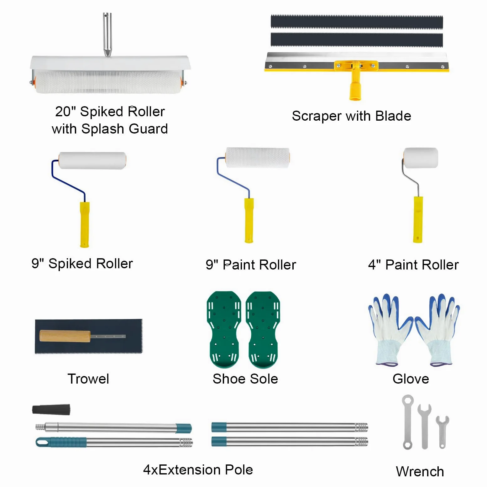 Kit di Strumenti Autolivellanti per Cemento con Rullo Frangibolle, Rullo Pittura, Scarpe Chiodate per Prato, Asta Telescopica, Spatola, Cazzuola di Guanti per Autolivellante per Pavimenti