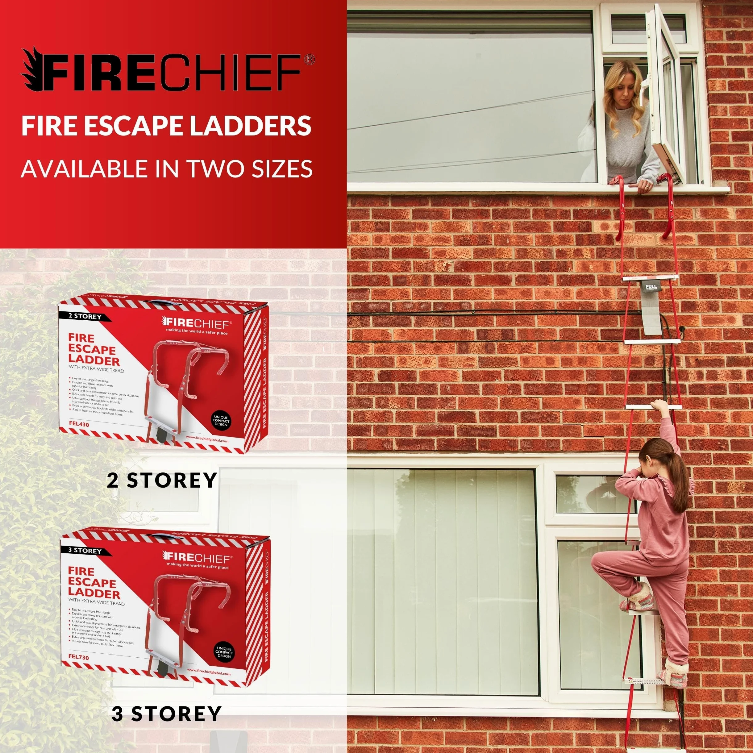 Firechief FEL430 Firechief Fire Escape Scaletta per uso domestico | Scala leggera compatta per situazioni di emergenza | Scala di fuga pieghevole a 2 piani con gradini extra larghi