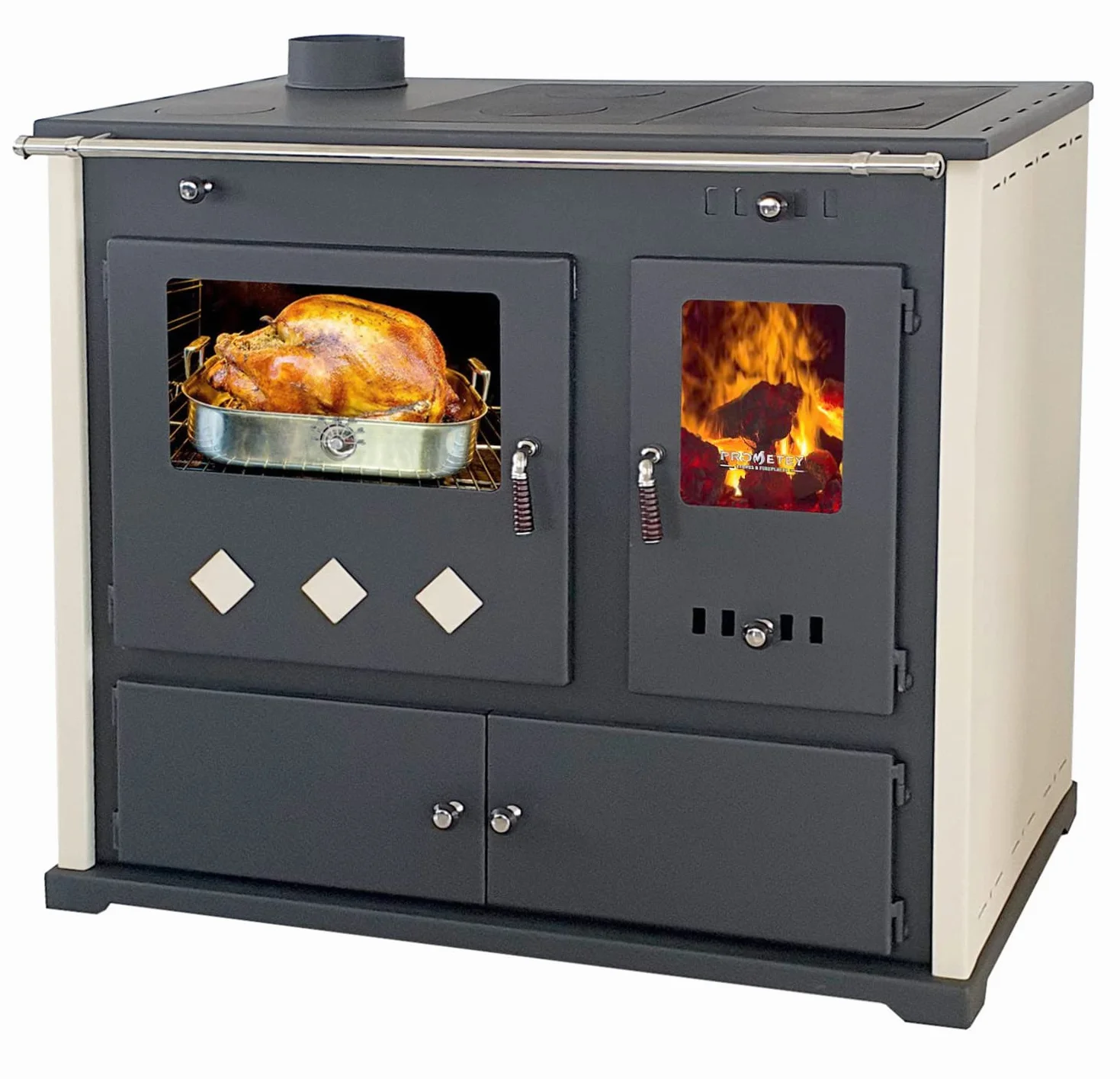 Stufa a legna con vano cottura e piano cottura Pracktik Lux Beige Sinistra stufa a legna 9,5 kW camino, forno permanente da officina, forno svedese