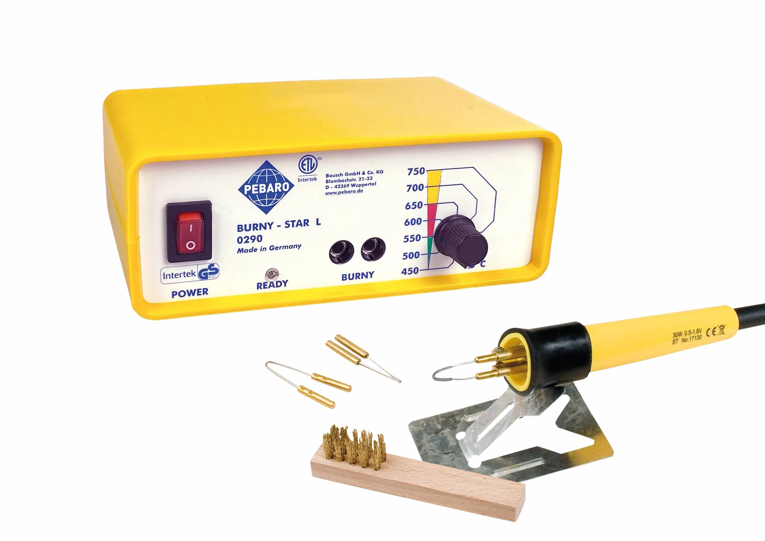 PEBARO 0290 - Stazione professionale con pirografo e 3 fiocchi a fuoco, regolazione continua della temperatura, per scrivere, disegnare e bruciare su legno e altri materiali, giallo
