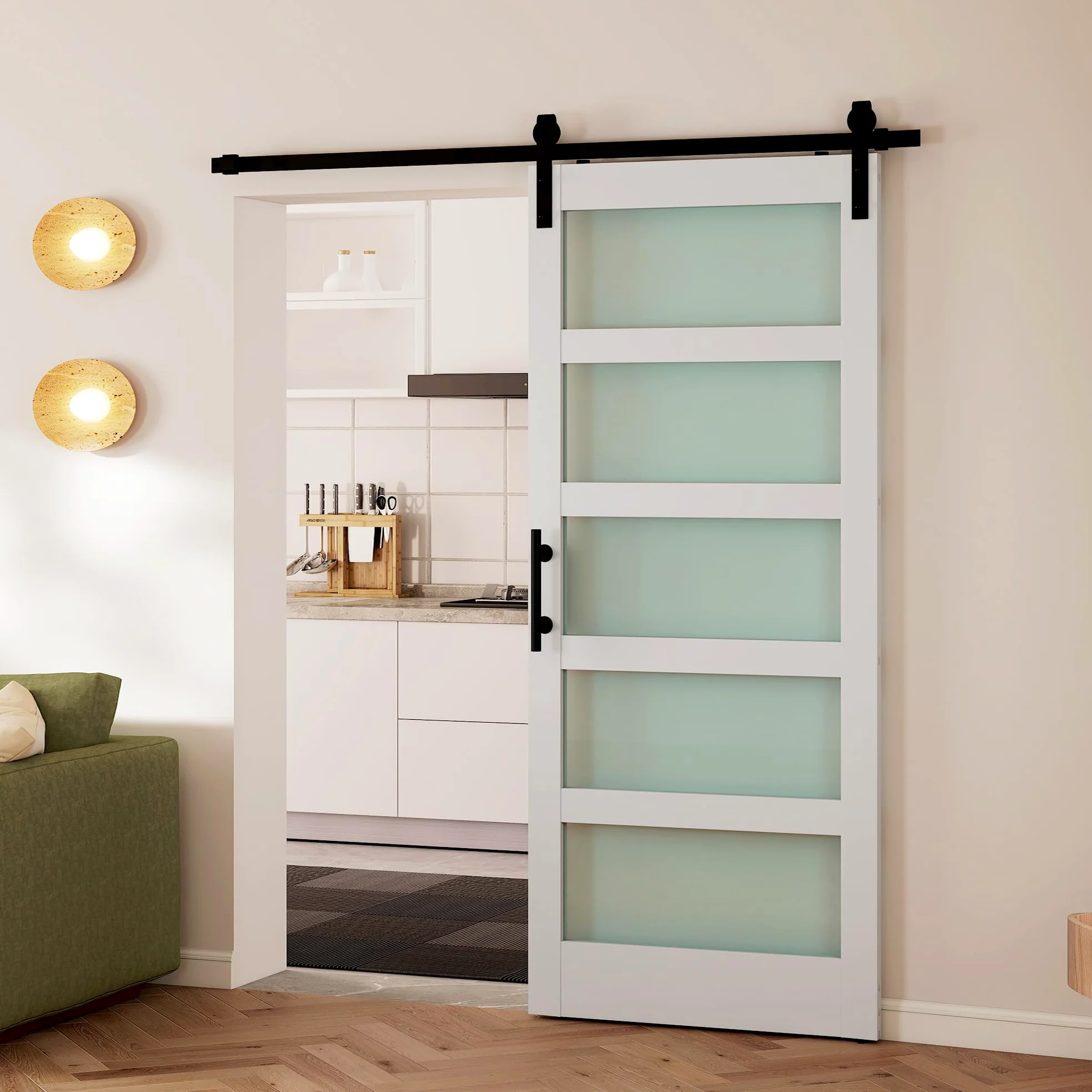 HOMCOM Porta Scorrevole Interno 91.4x213.4cm in Vetro Satinato, MDF e Pino, Binario Silenzioso in Acciaio, Kit Ferramenta, Maniglia Migliorata, Porta da Interno Stile Industriale, Impermeabile, Bagno