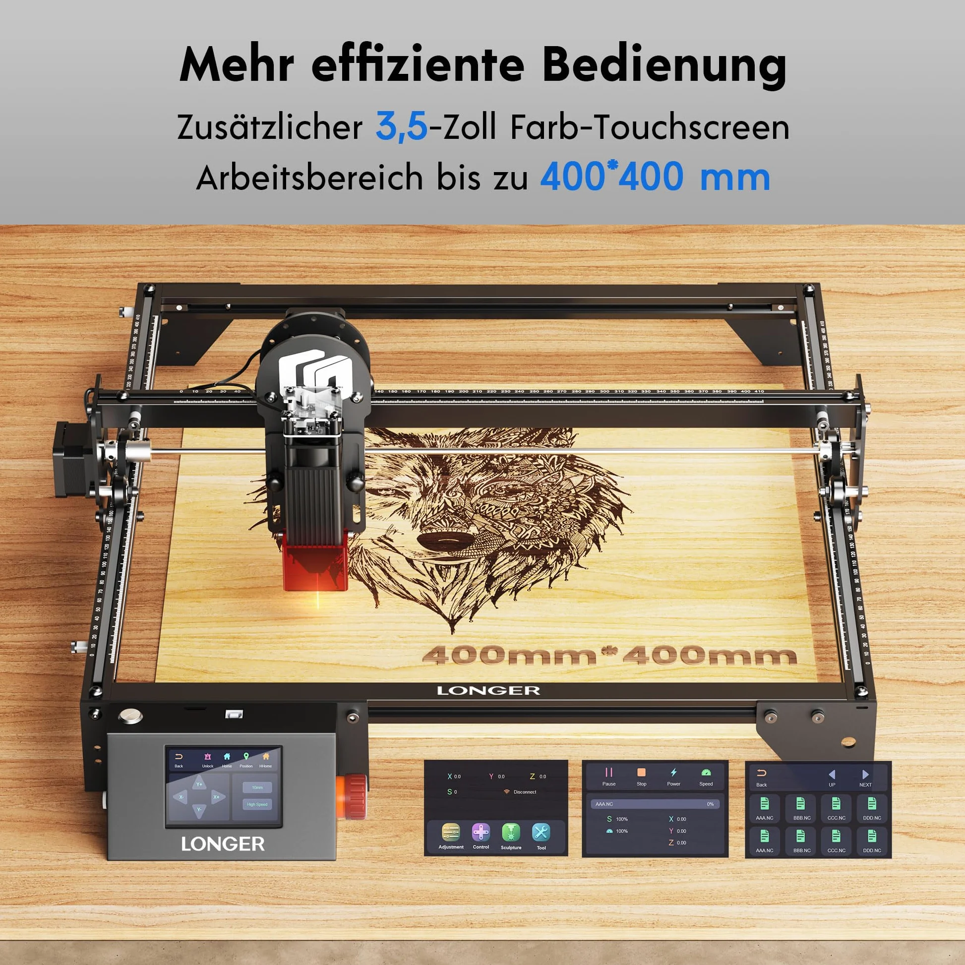 LONGER RAY5 Incisore Laser, Schermo Touch 3,5", Controllo APP/Offline, Scheda Madre 32 Bit, Incisione Precisa su Legno, Vetro e Metallo, Area di Lavoro 400x400 mm, 5W