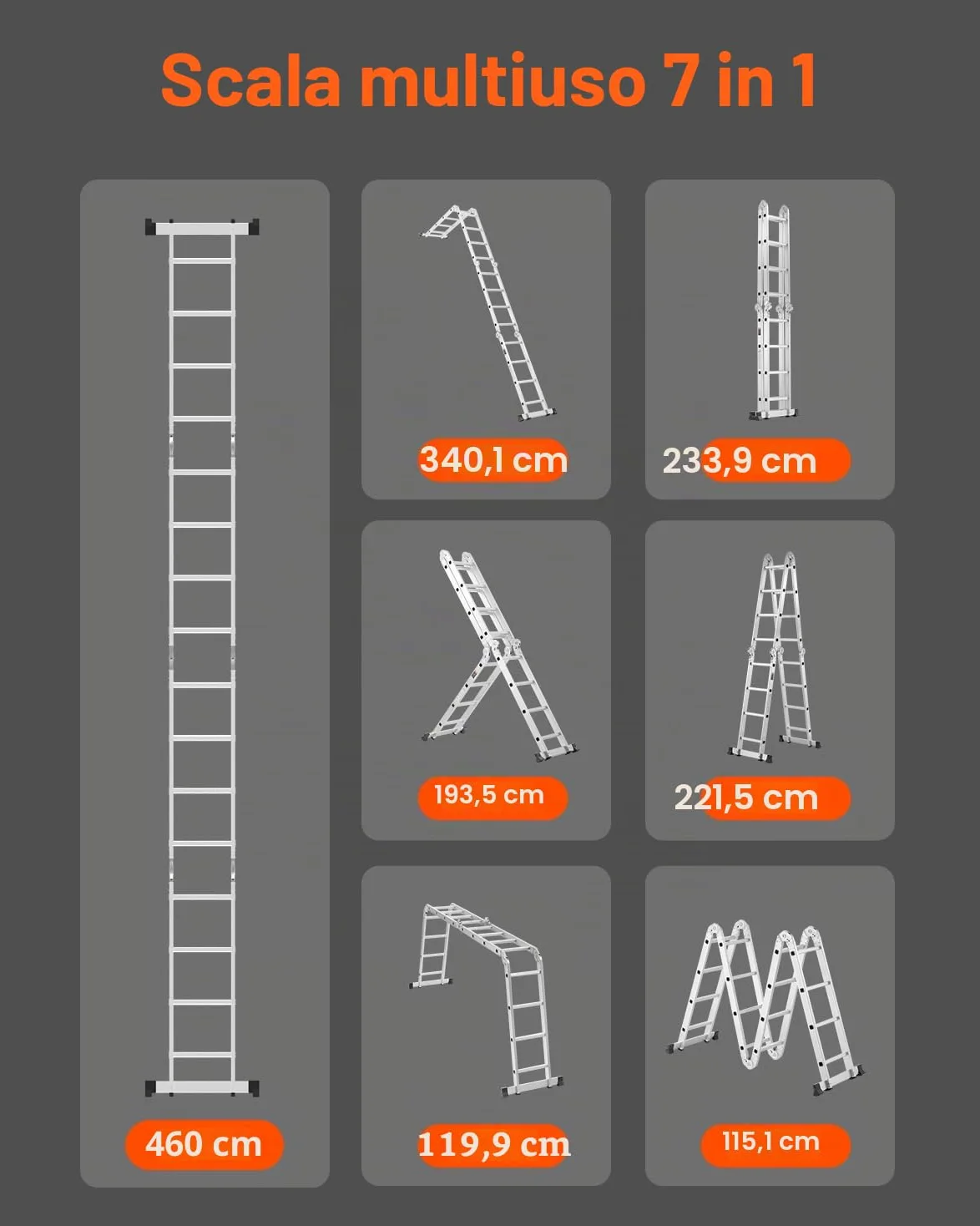 VEVOR Scala Pieghevole Multiuso, Scala Telescopica Regolabile 4 Gradini con Struttura ad A, Scala Estensibile per Impieghi Gravosi con Altezza 4,7 m Capacità 149,7 kg per Lavori Domestici all'Aperto