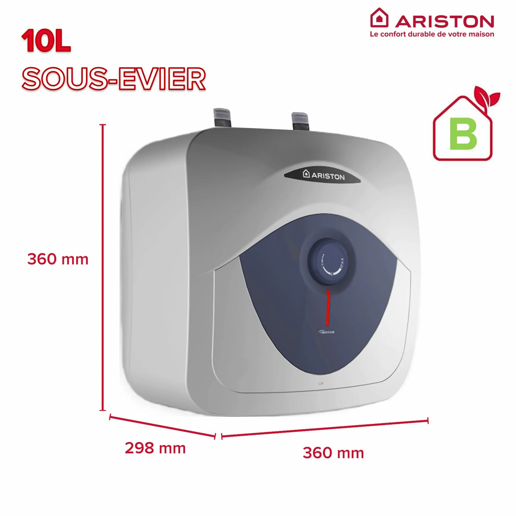 Ariston Blu Evo RS 10L - Scaldabagno Elettrico 10 Litri Compatto Sottolavandino, Potenza 2000W, Ideale Cucina o Bagno - Progettato e fabbricato per essere installato in Francia